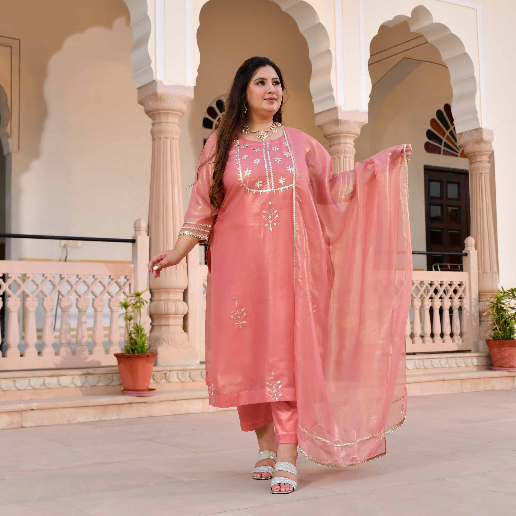 Peachy Salmon Glitz Tissue Gota Patti Suit Set