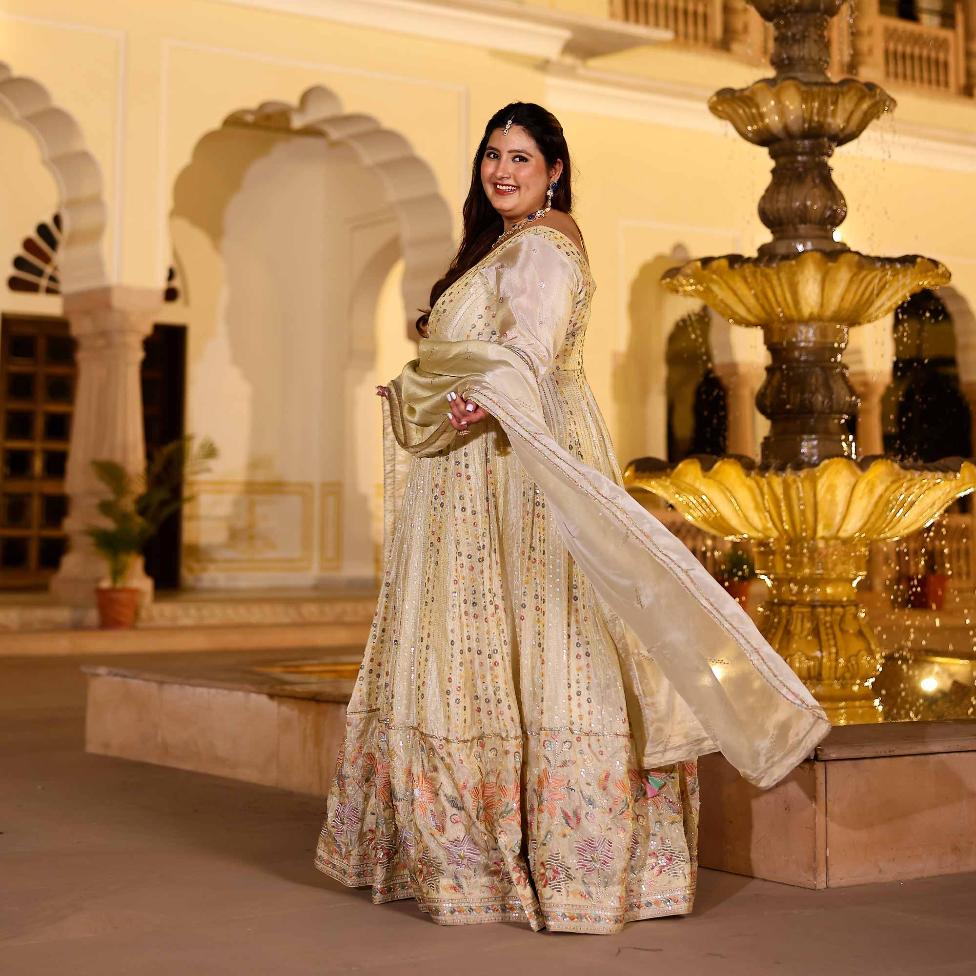 RAGINI Off-White & Gold Sequin Embroidered Pure Tissue Silk Anarkali Set RAGINI Off-White & Gold Sequin Embroidered Pure Tissue Silk Anarkali Set