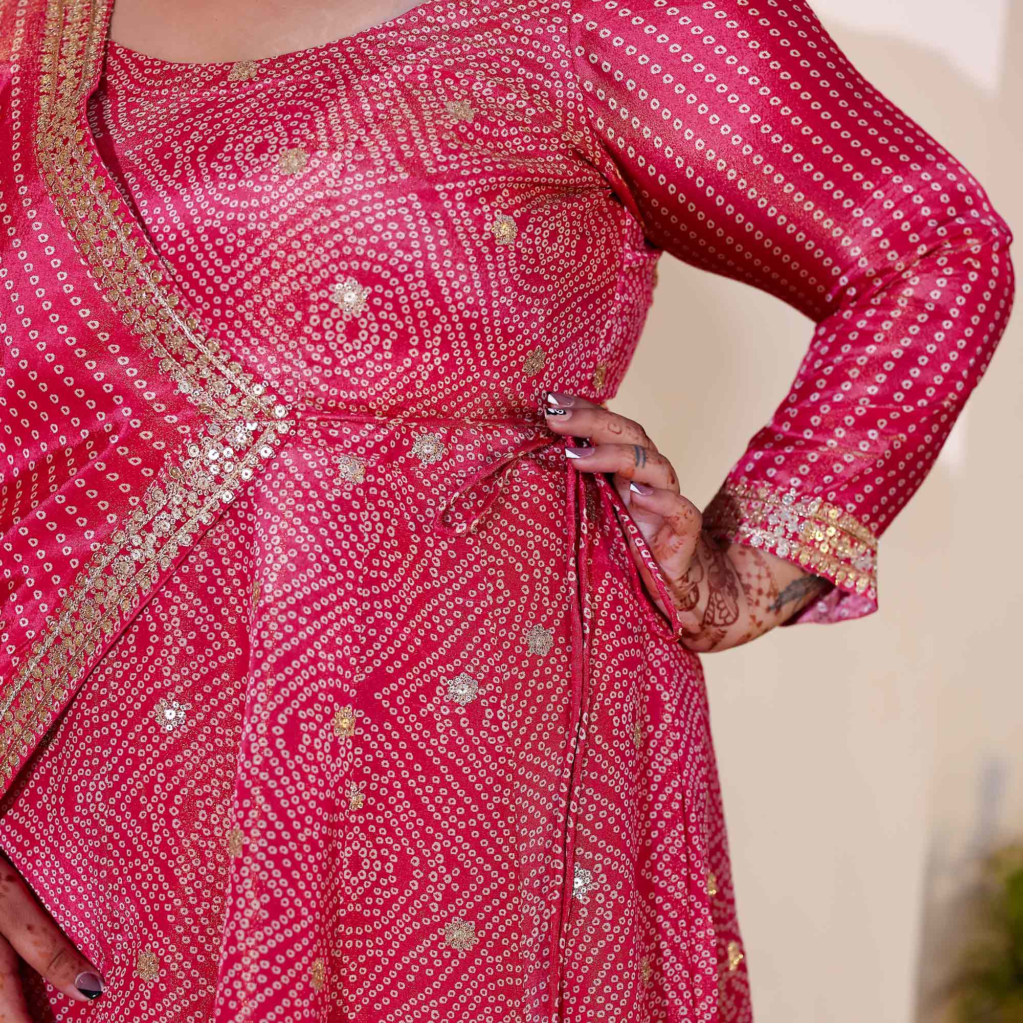Blushing Hibiscus Bandhani Pure Tissue Silk Anarkali With Asymmetrical Cape