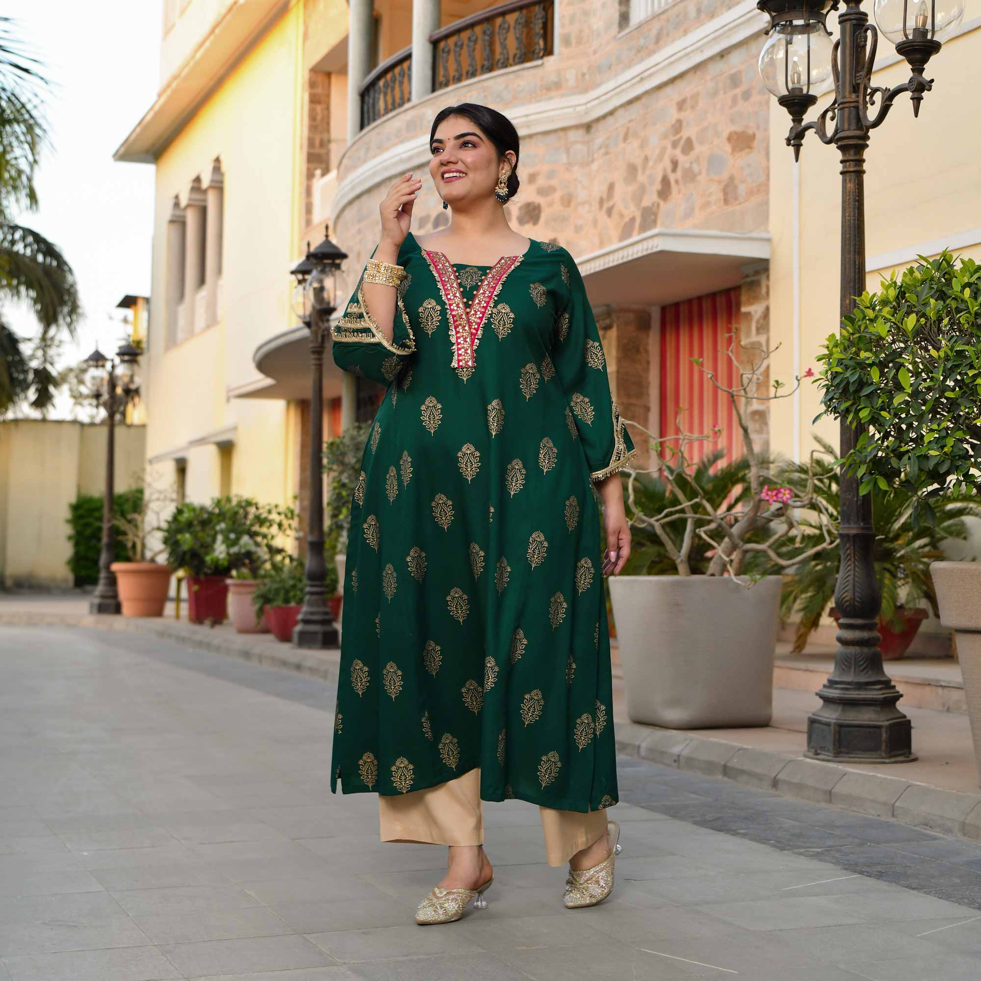 Rasiya - Green & Gold Block Printed Rayon Princess Line Kurta