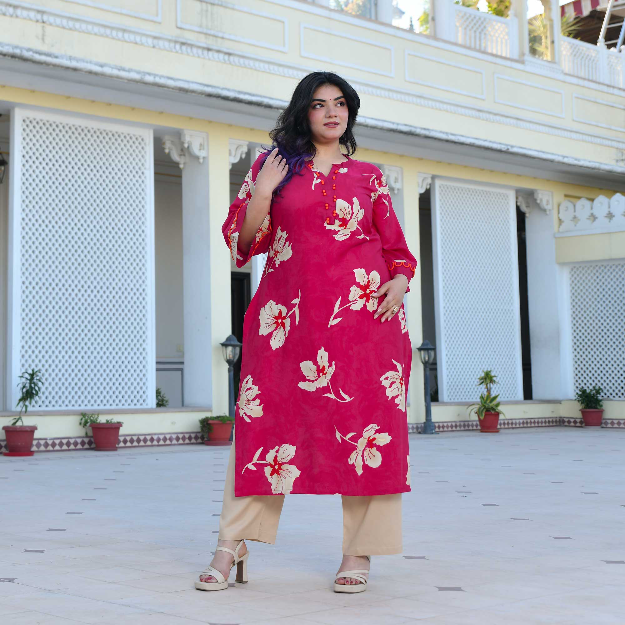 Camellia- Deep Pink Floral Print Rayon Kurta Camellia- Deep Pink Floral Print Rayon Kurta