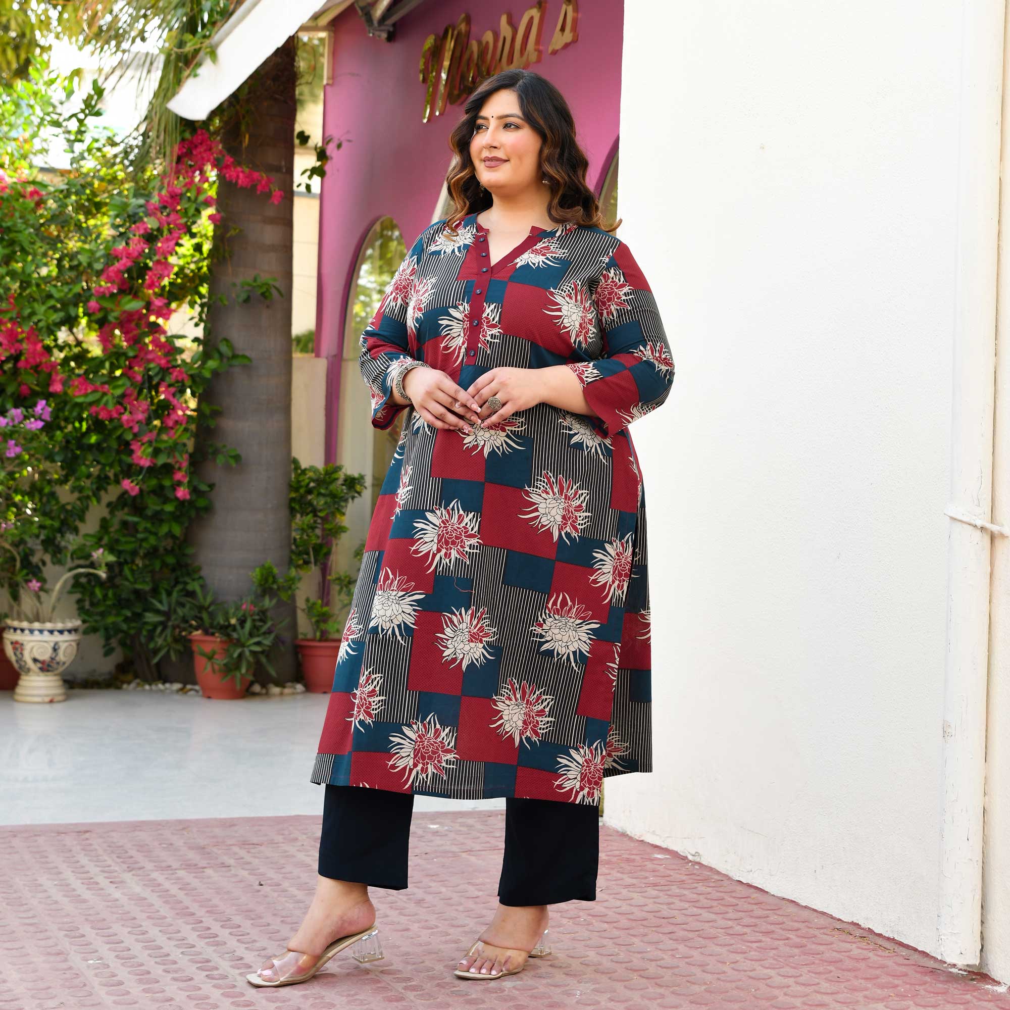 Moonstone- Dark Blue & Maroon Geometrical Printed Pure Cotton Kurta Moonstone- Dark Blue & Maroon Geometrical Printed Pure Cotton Kurta