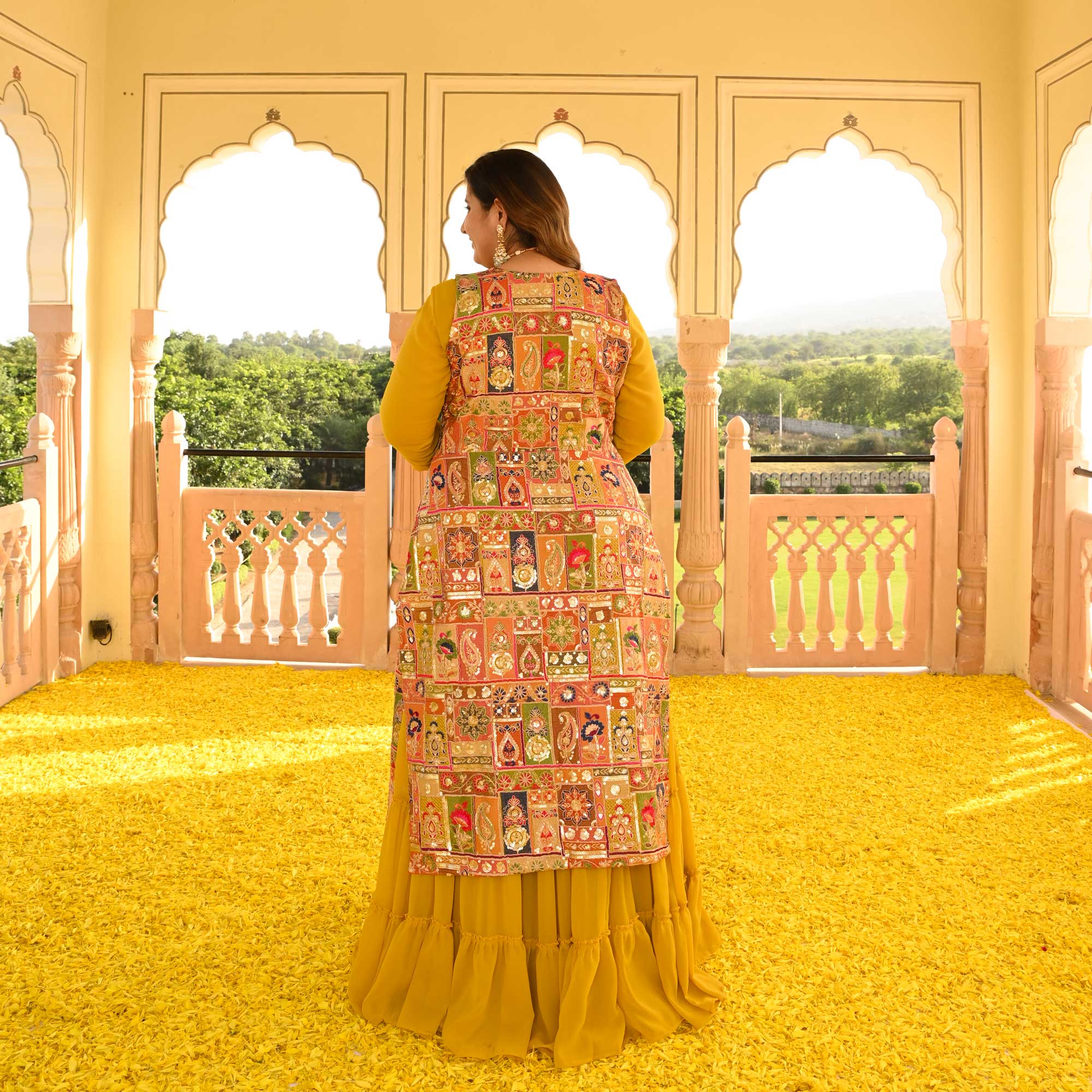 Royal Glow Tiered Dress With Embroidered Cape Royal Glow Tiered Dress With Embroidered Cape