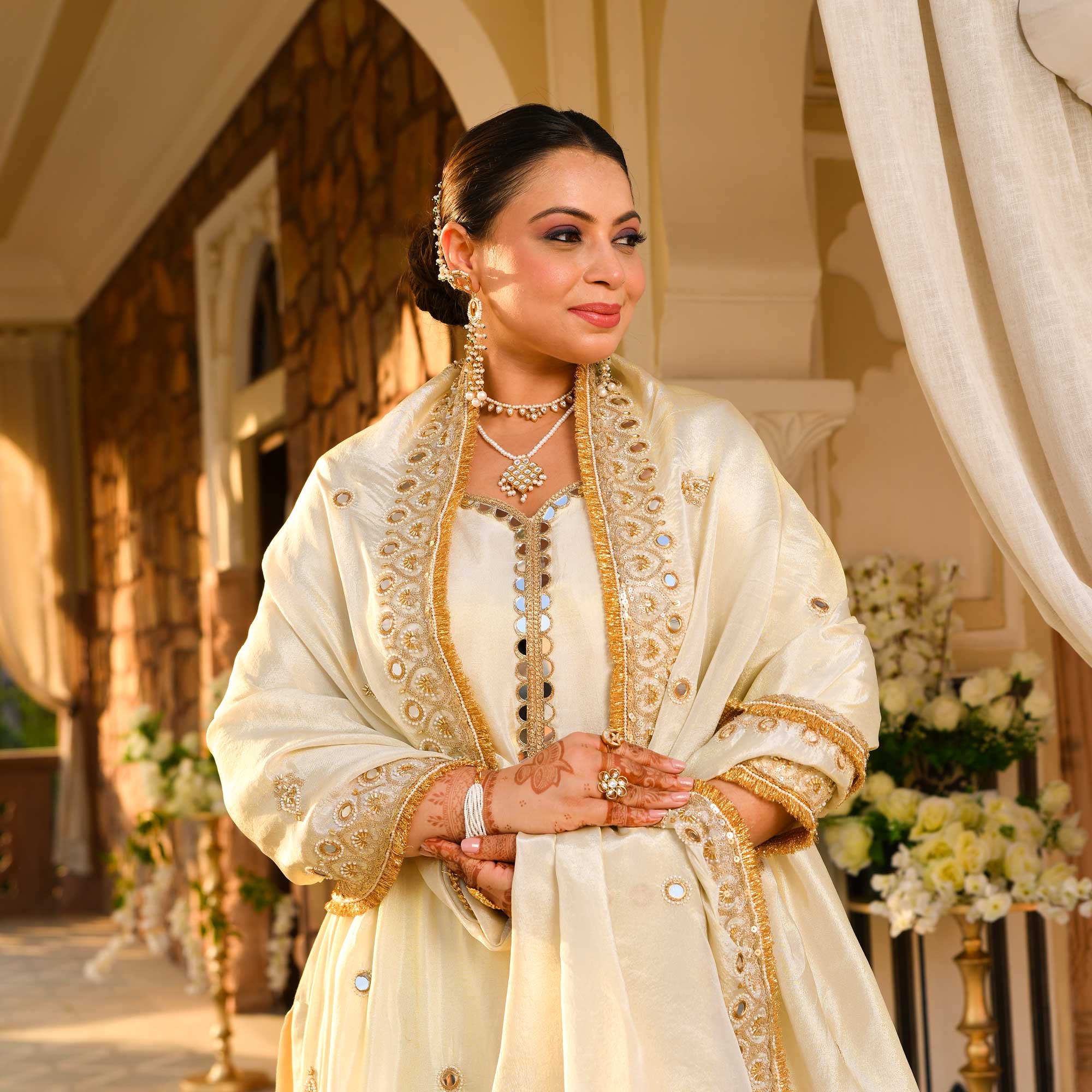 AAINA - Ivory & Gold Mirror & Cutdana Embroidered Pure Tissue Silk Suit Set