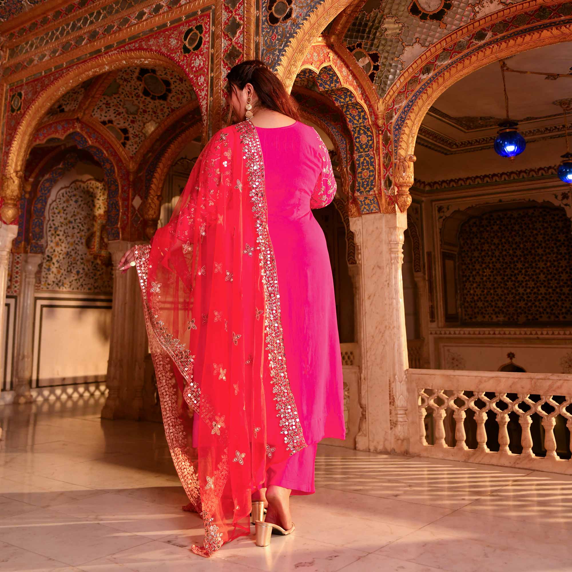 Pink Flame Mirror Embroidered Pure Georgette Suit Set