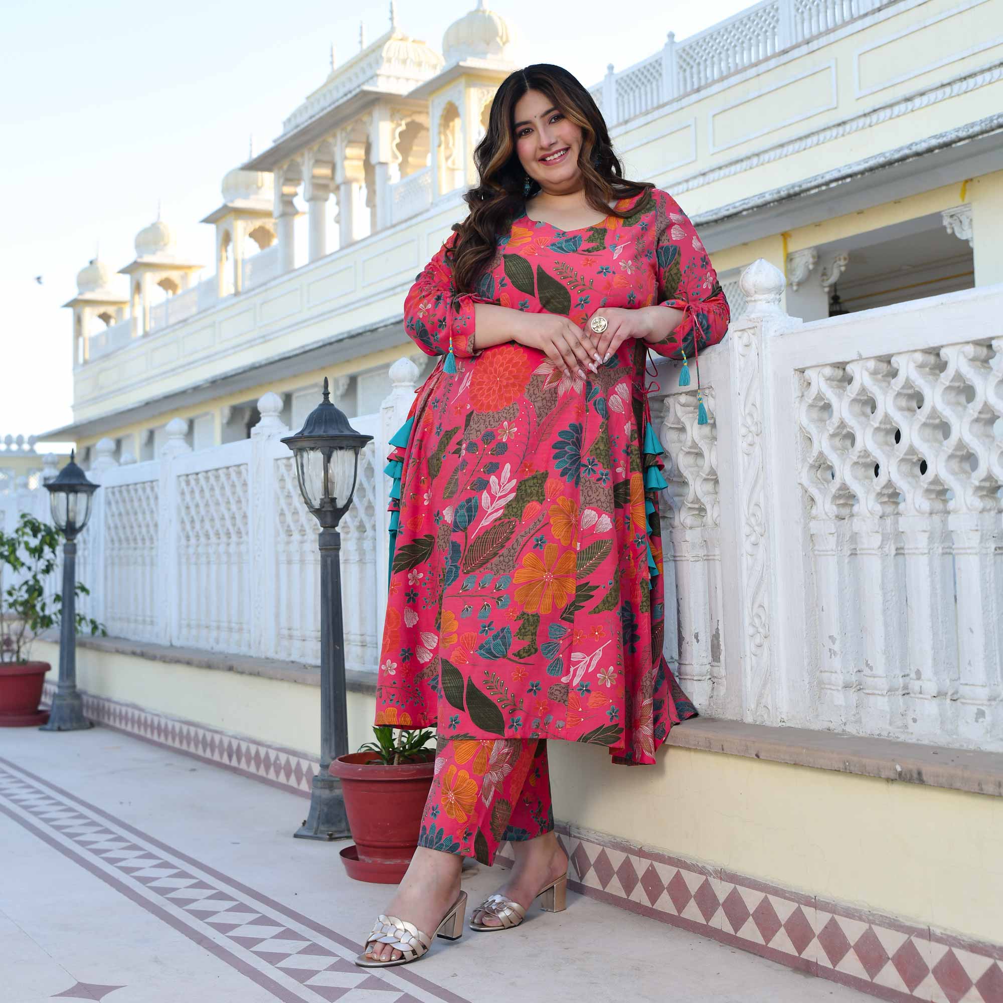 Zinnia- Raspberry Pink Floral Modal Viscose Blend Aline Slit Kurta Pant Set Zinnia- Raspberry Pink Floral Modal Viscose Blend Aline Slit Kurta Pant Set