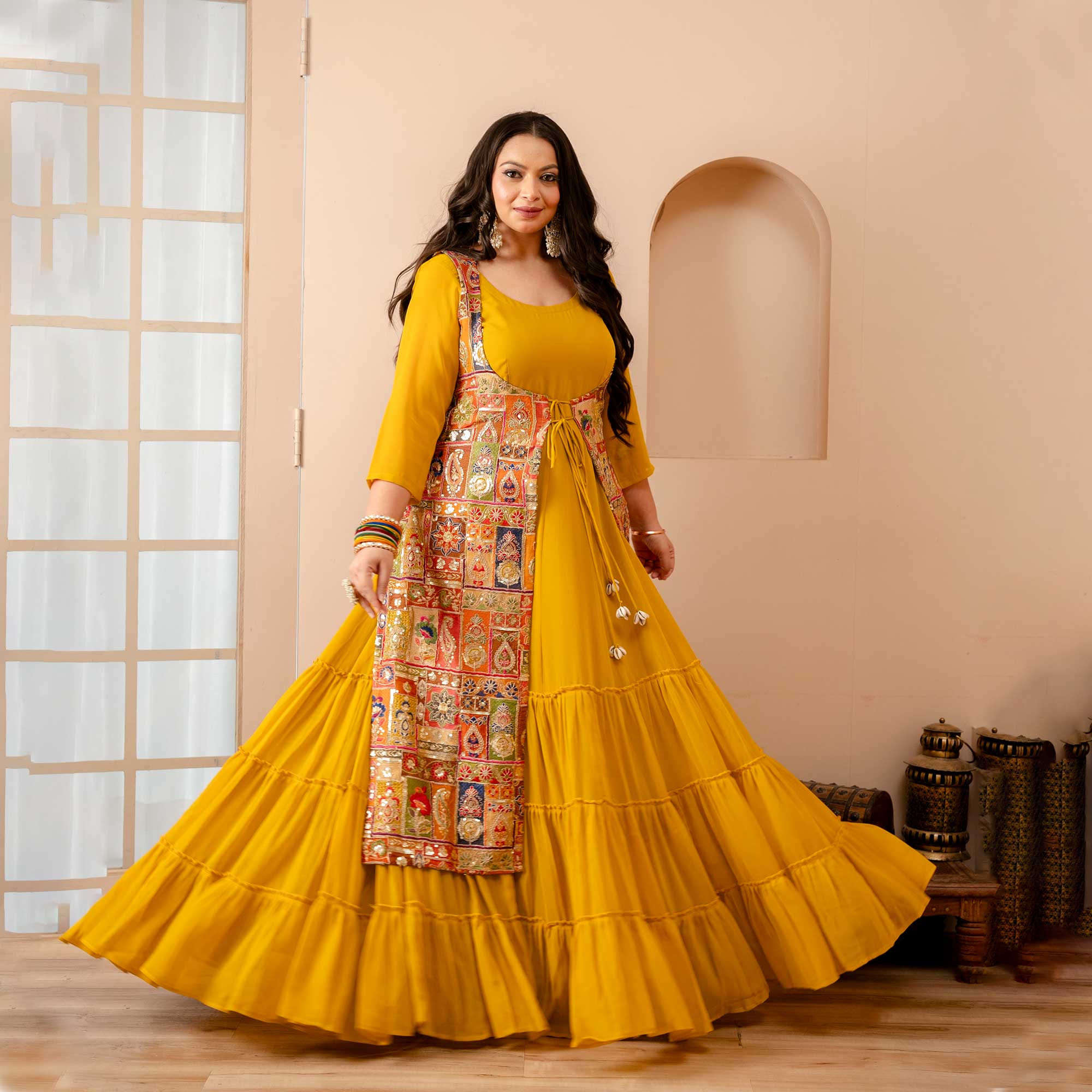 Royal Glow Tiered Dress With Embroidered Cape Royal Glow Tiered Dress With Embroidered Cape