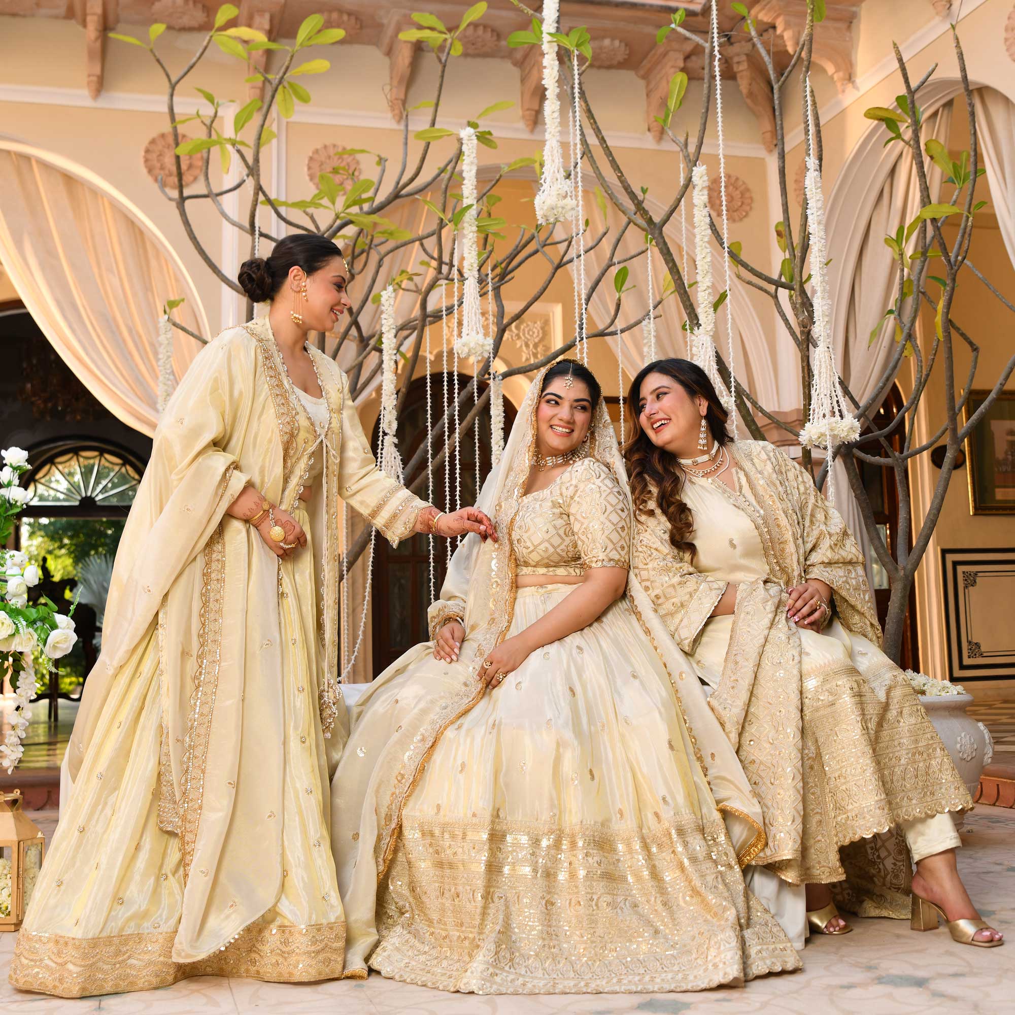 SAHIBA - Ivory & Gold Sequin Embroidered Pure Tissue Silk Suit Set