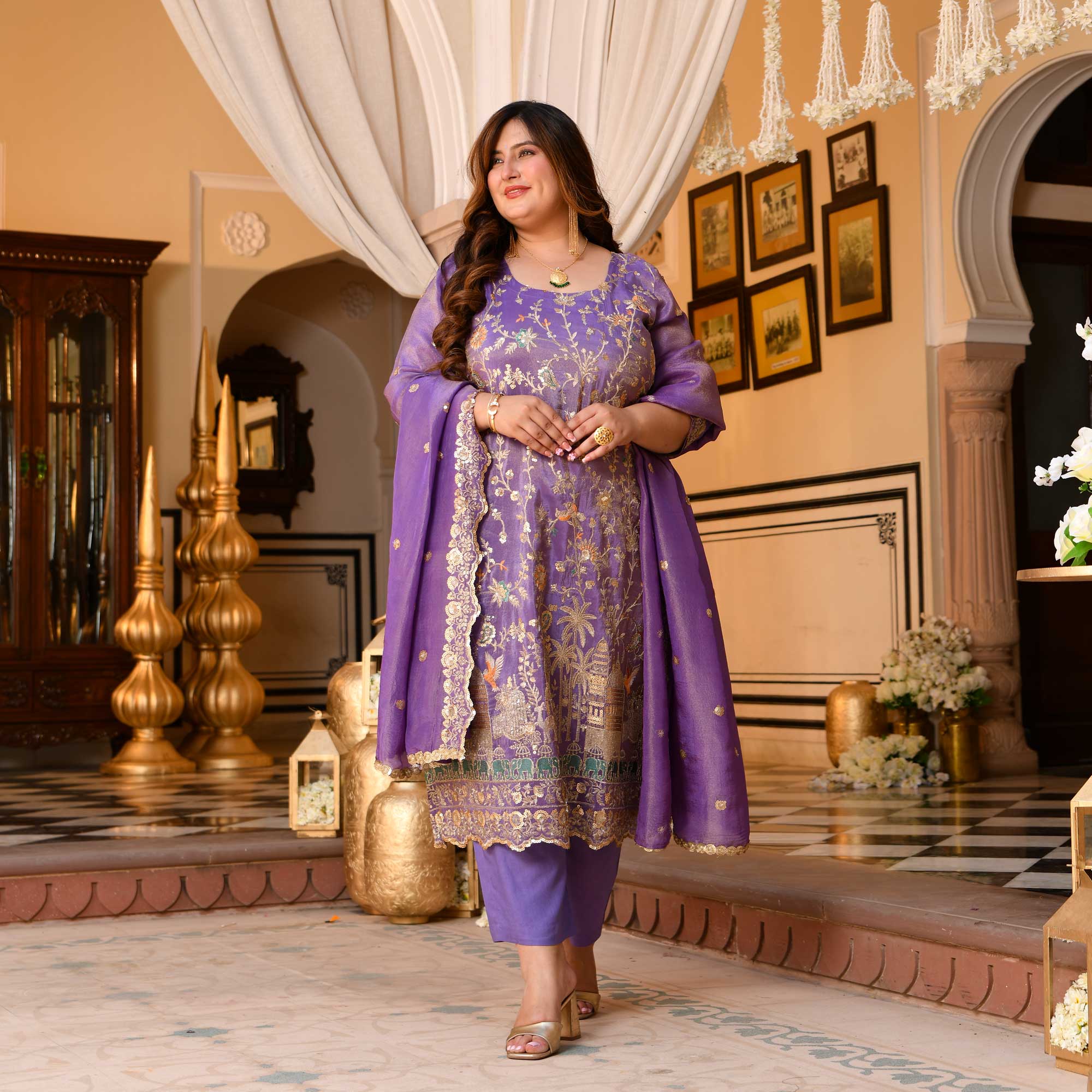 Urvashi - Wisteria Purple Sequin & Thread Embroidered Pure Tissue Silk Suit Set