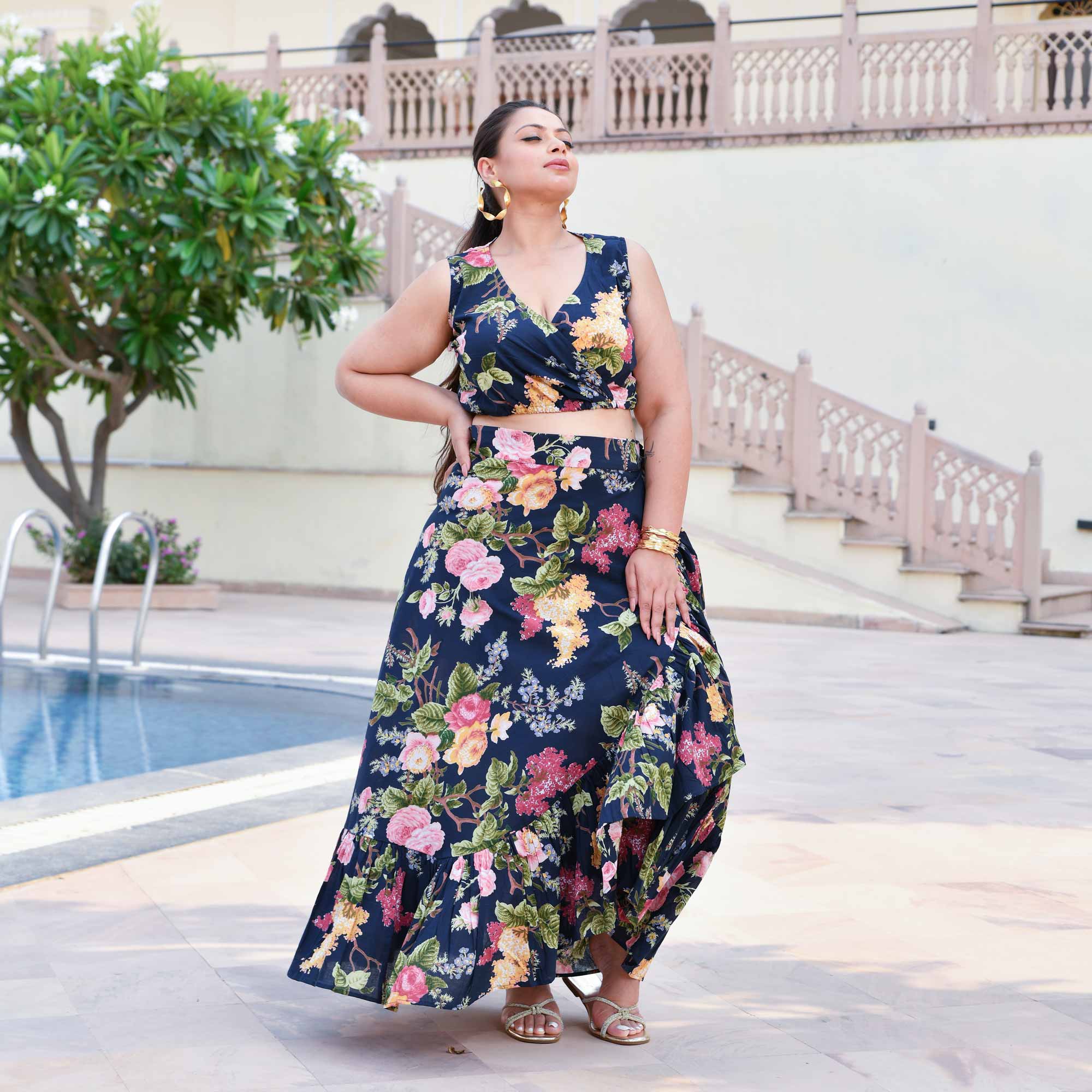 Evening Rose Cotton Wrap Skirt Top Set (Blue)