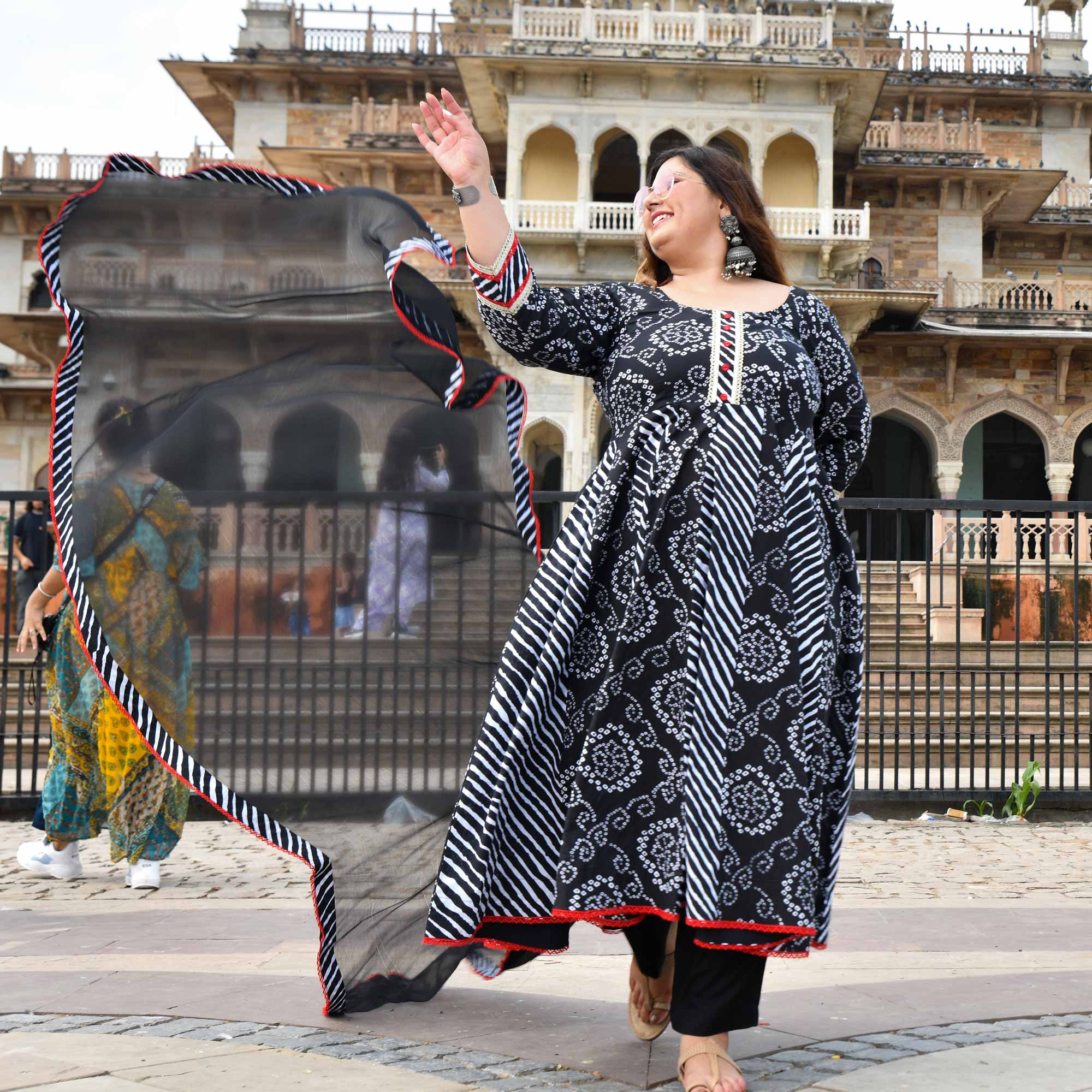 Rani in Black Bandhani Cotton Anarkali Set