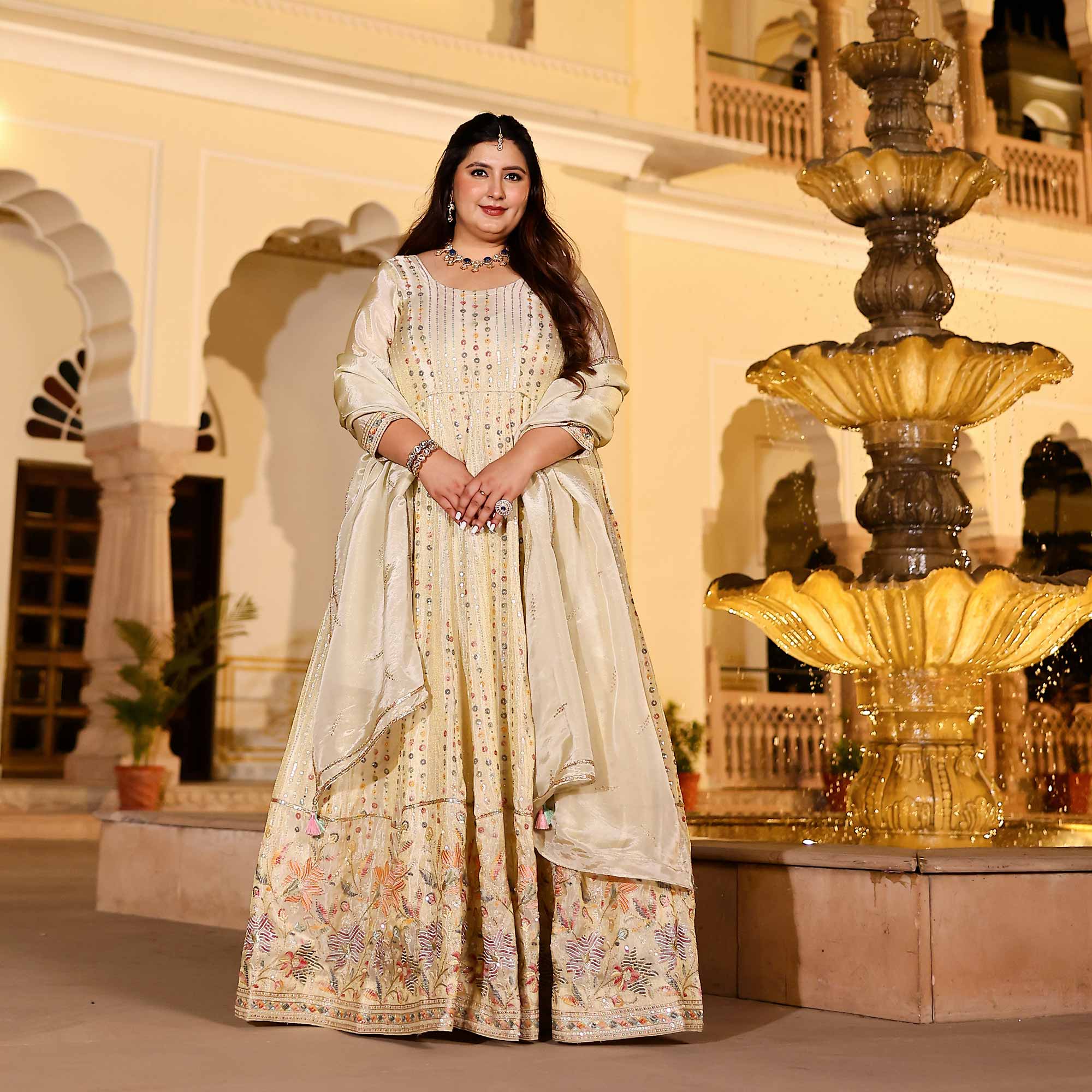 RAGINI Off-White & Gold Sequin Embroidered Pure Tissue Silk Anarkali Set RAGINI Off-White & Gold Sequin Embroidered Pure Tissue Silk Anarkali Set