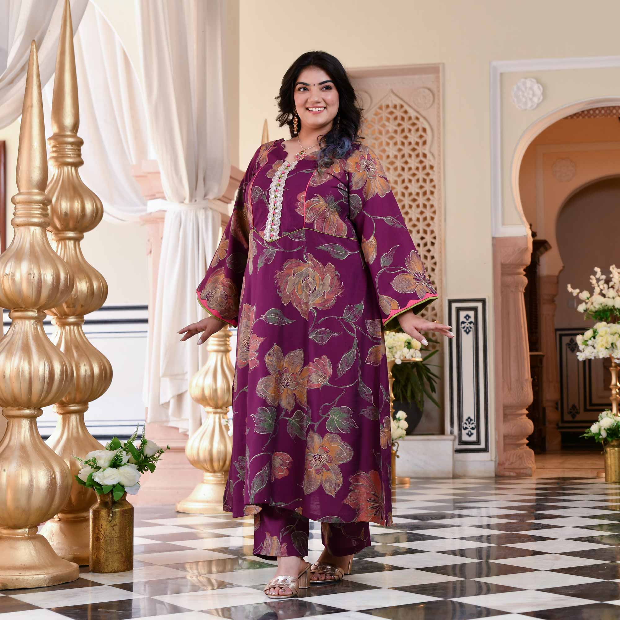Wine Berry Floral Modal Viscose Aline Kurta Pant Set Wine Berry Floral Modal Viscose Aline Kurta Pant Set