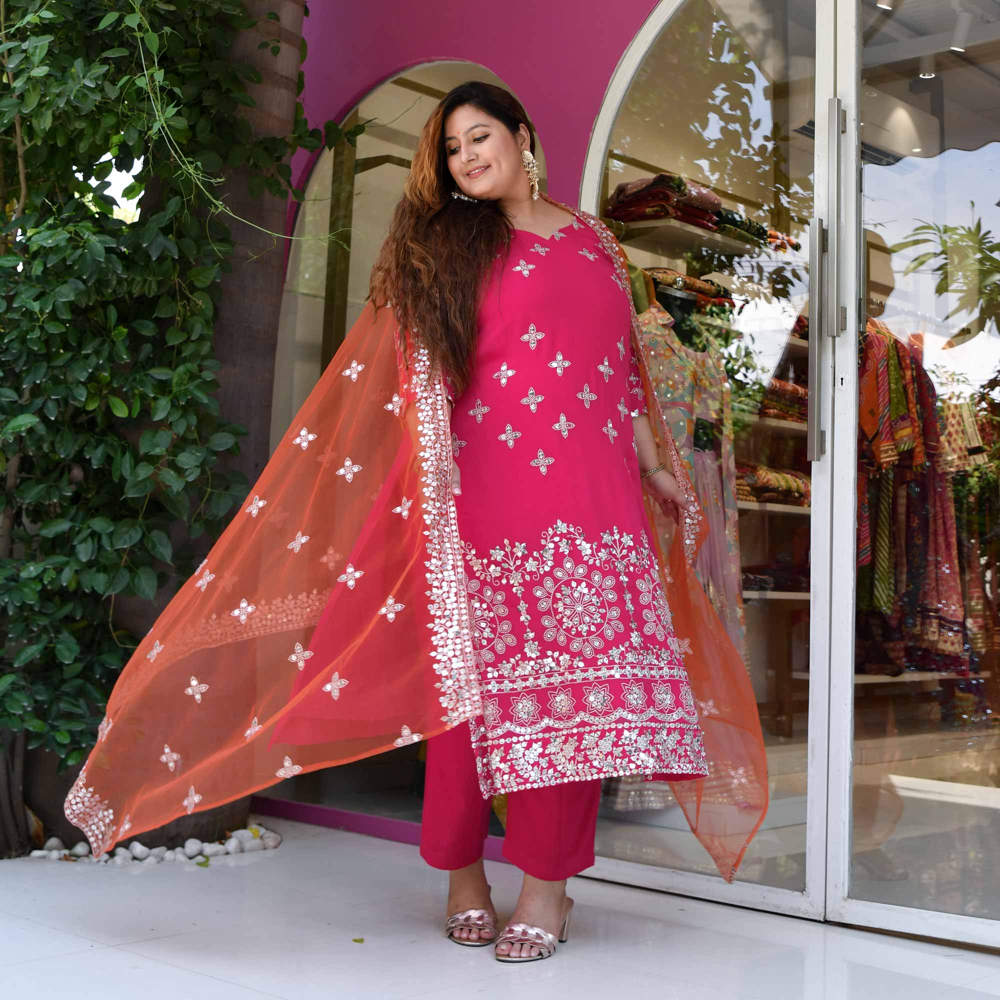 Pink Flame Mirror Embroidered Pure Georgette Suit Set