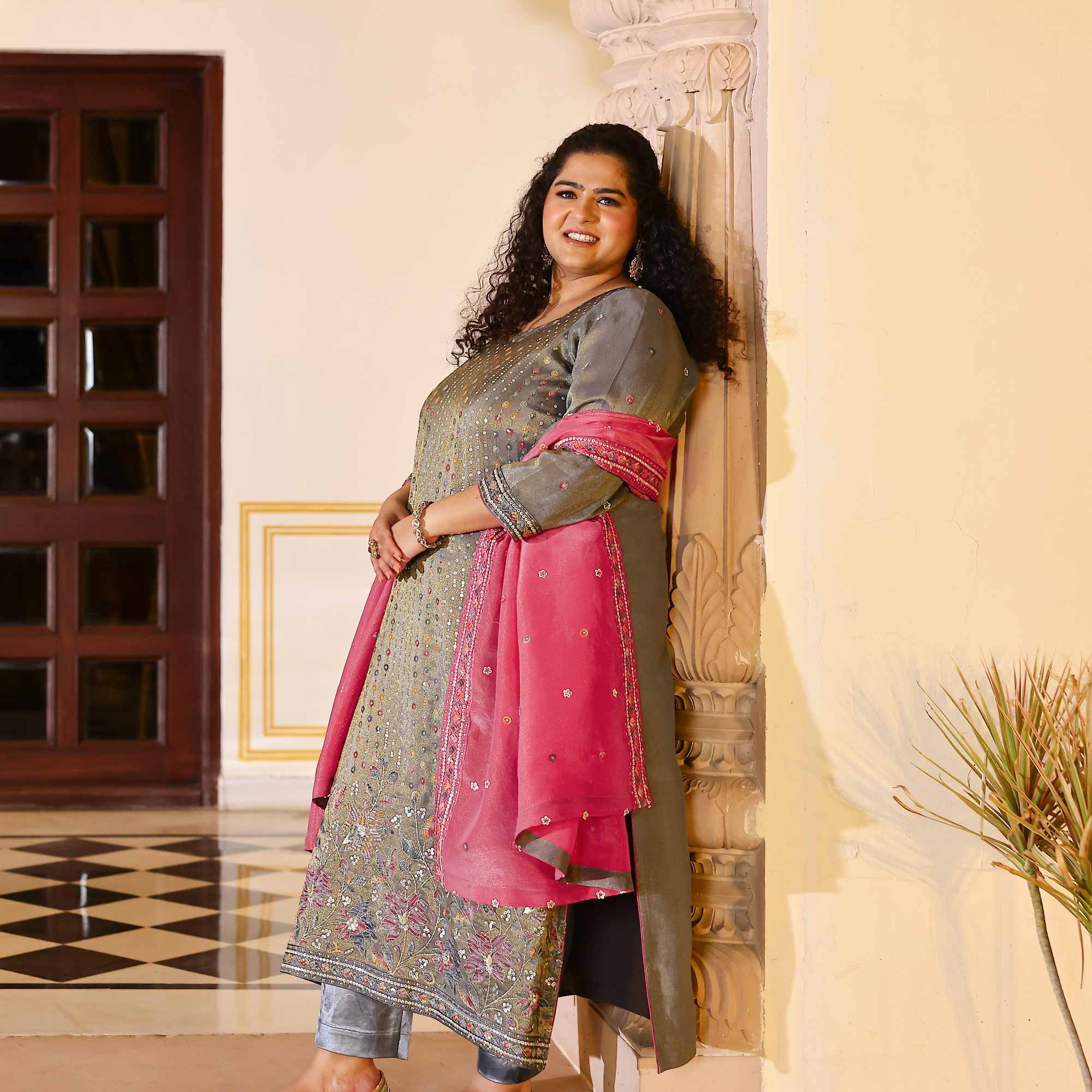 Grey Grace & Rose Sequin Embroidered Tissue Silk Suit Set