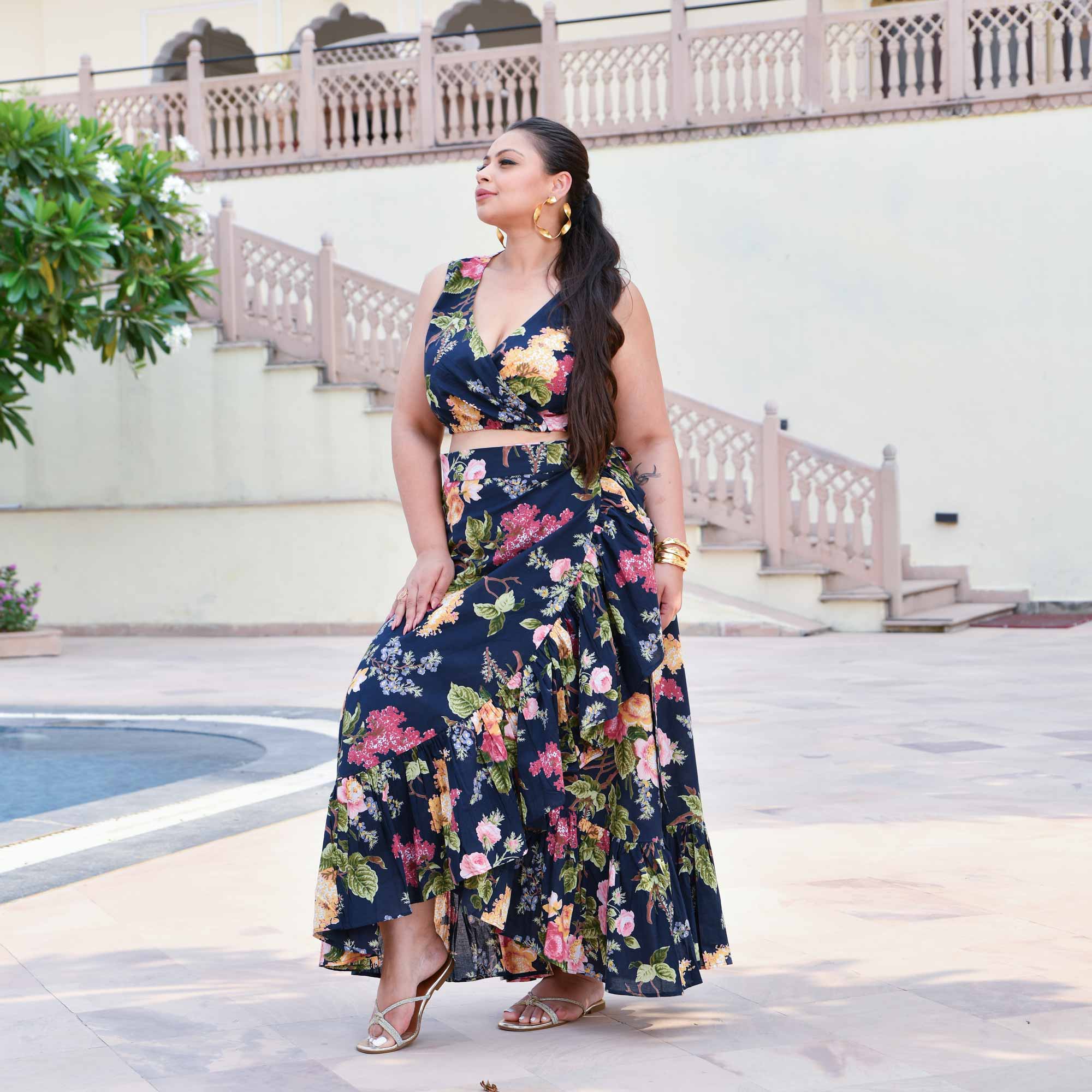 Evening Rose Cotton Wrap Skirt Top Set (Blue)
