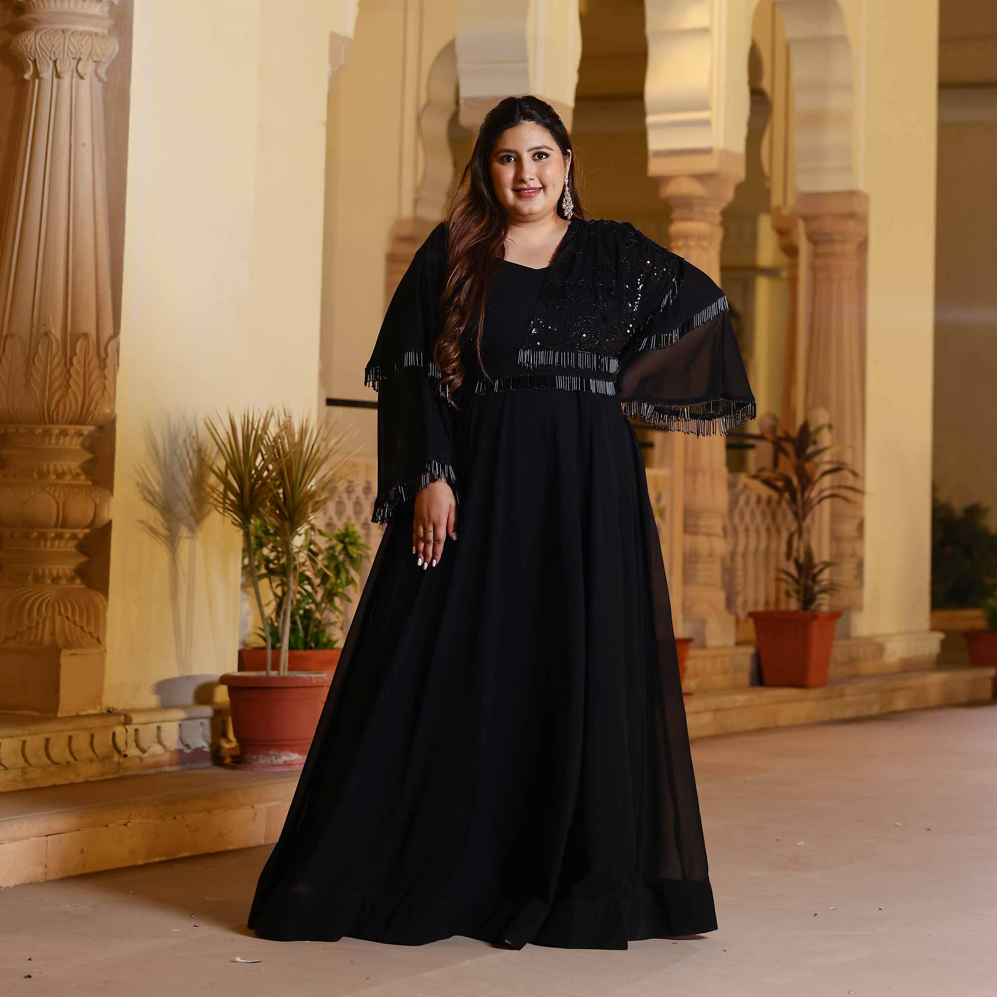 Luxe Ebony Cutdana Georgette Anarkali with Belt drape (Black) Luxe Ebony Cutdana Georgette Anarkali with Belt drape (Black)