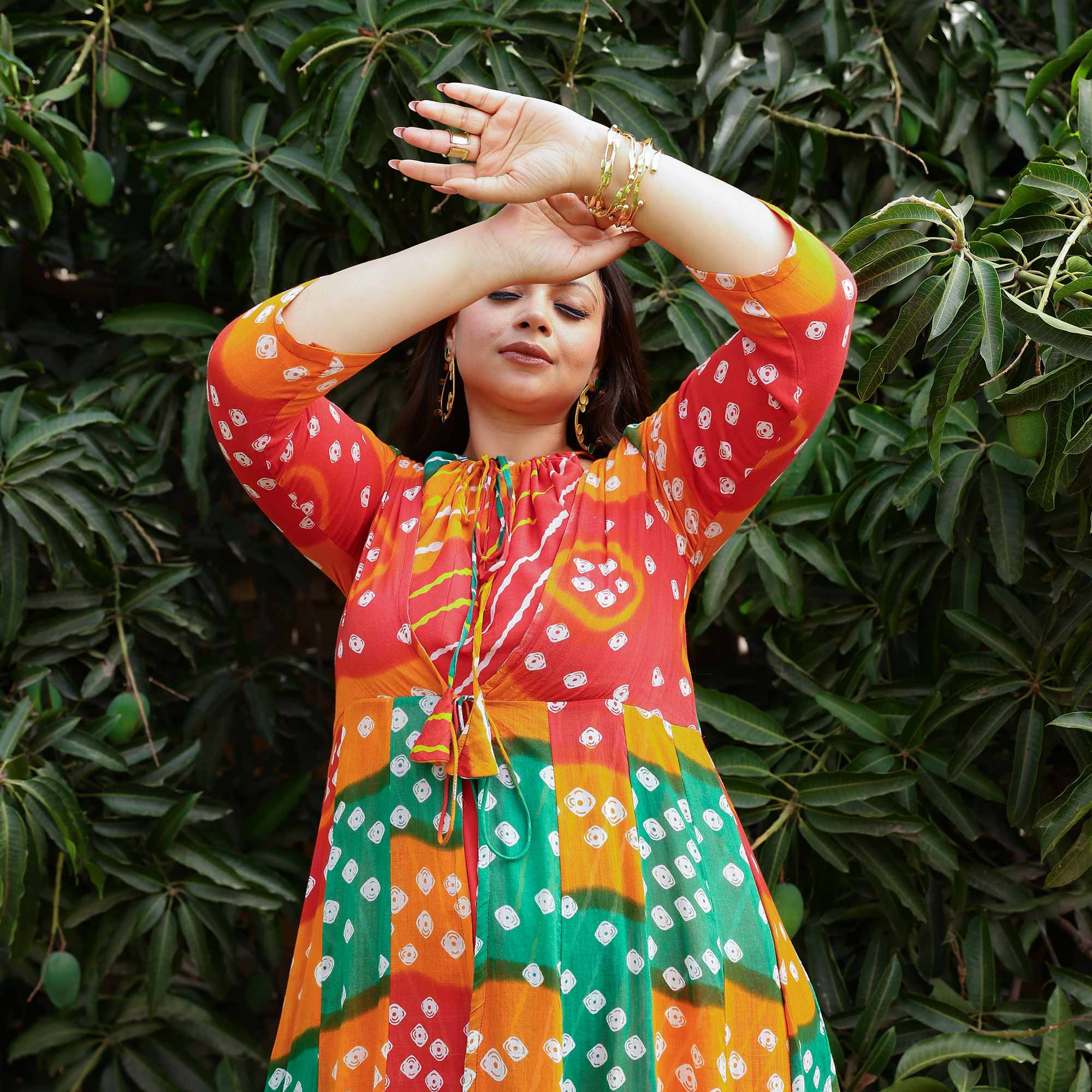 Rust & Red Bandhani Mul-Cotton Tiered Cape