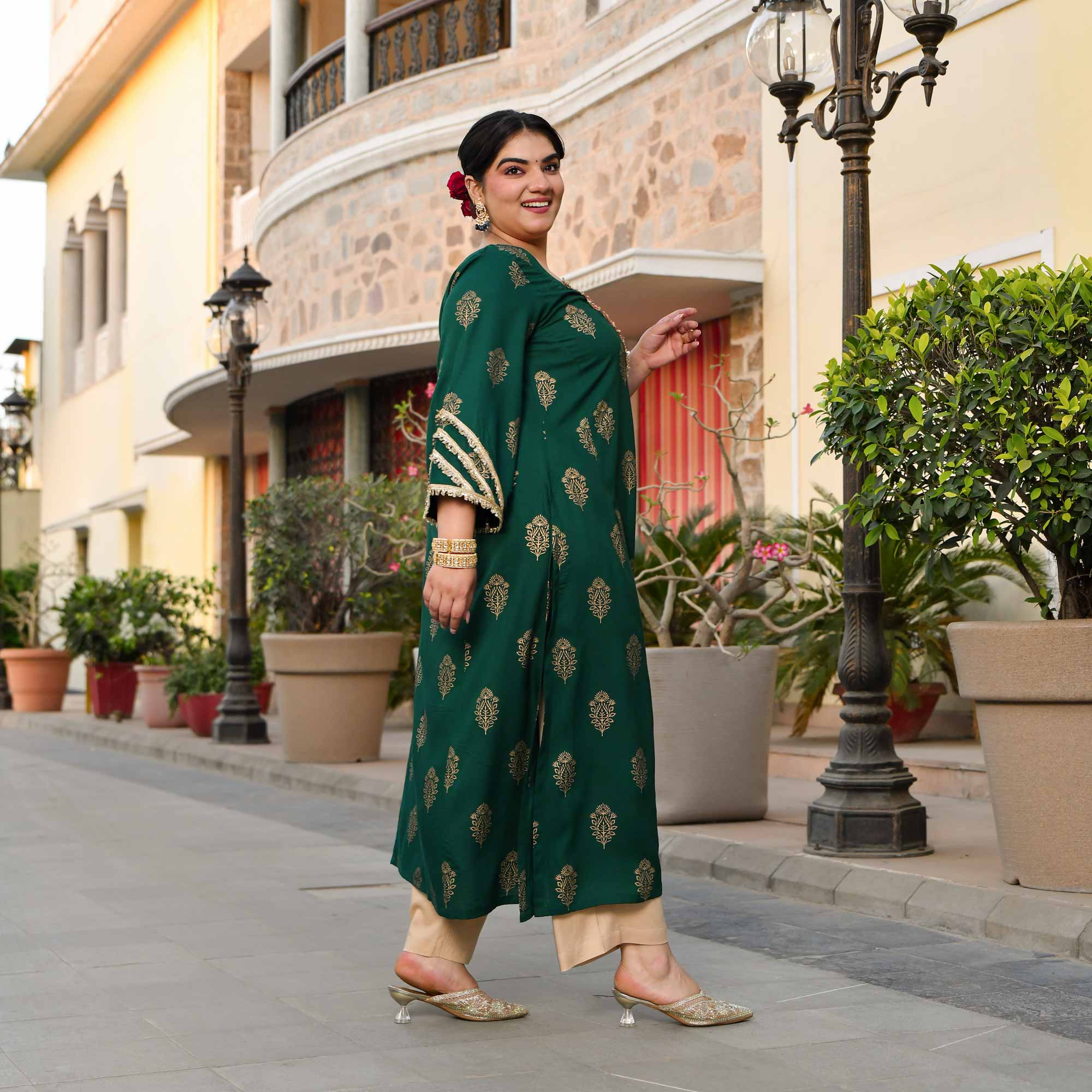 Rasiya - Green & Gold Block Printed Rayon Princess Line Kurta
