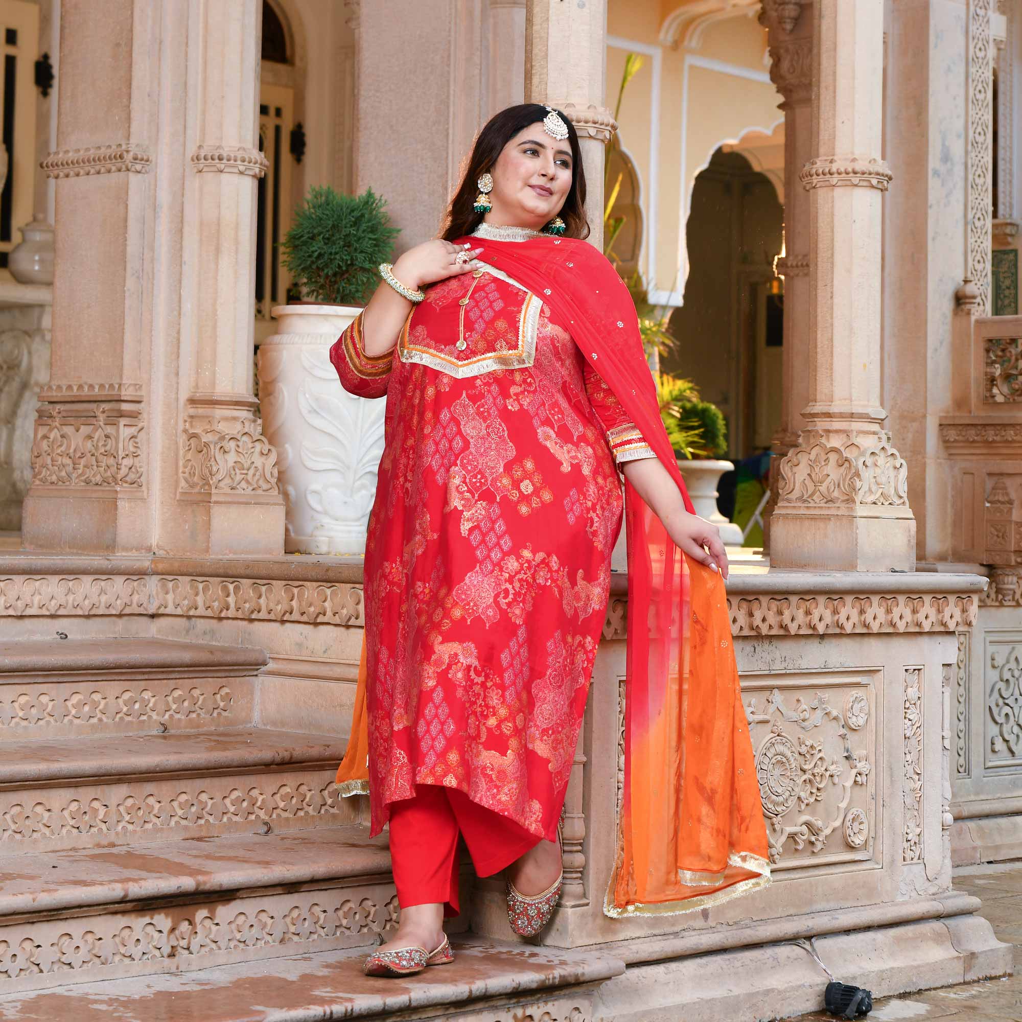 Red & Gold Printed Rayon Kurta