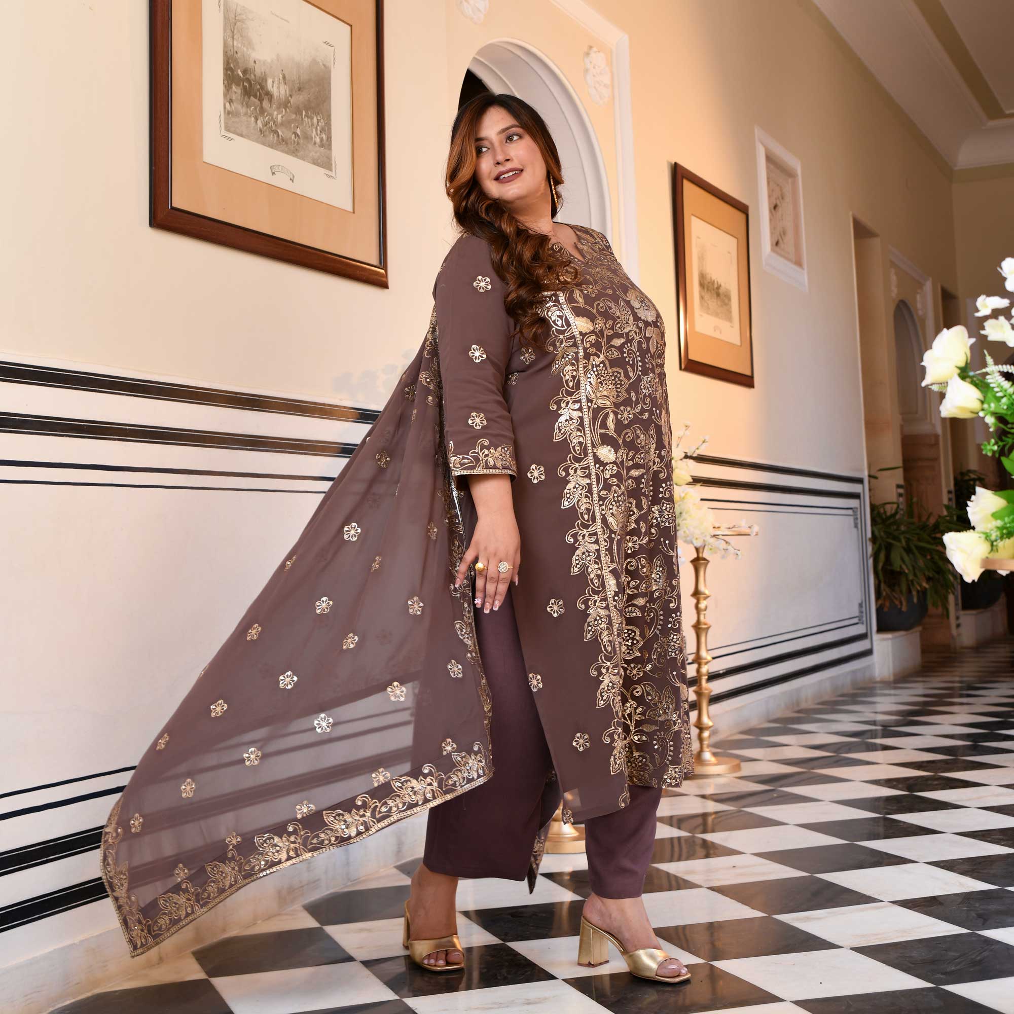 Ishani - Dusky Mauve Sequin Embroidered Georgette Suit Set