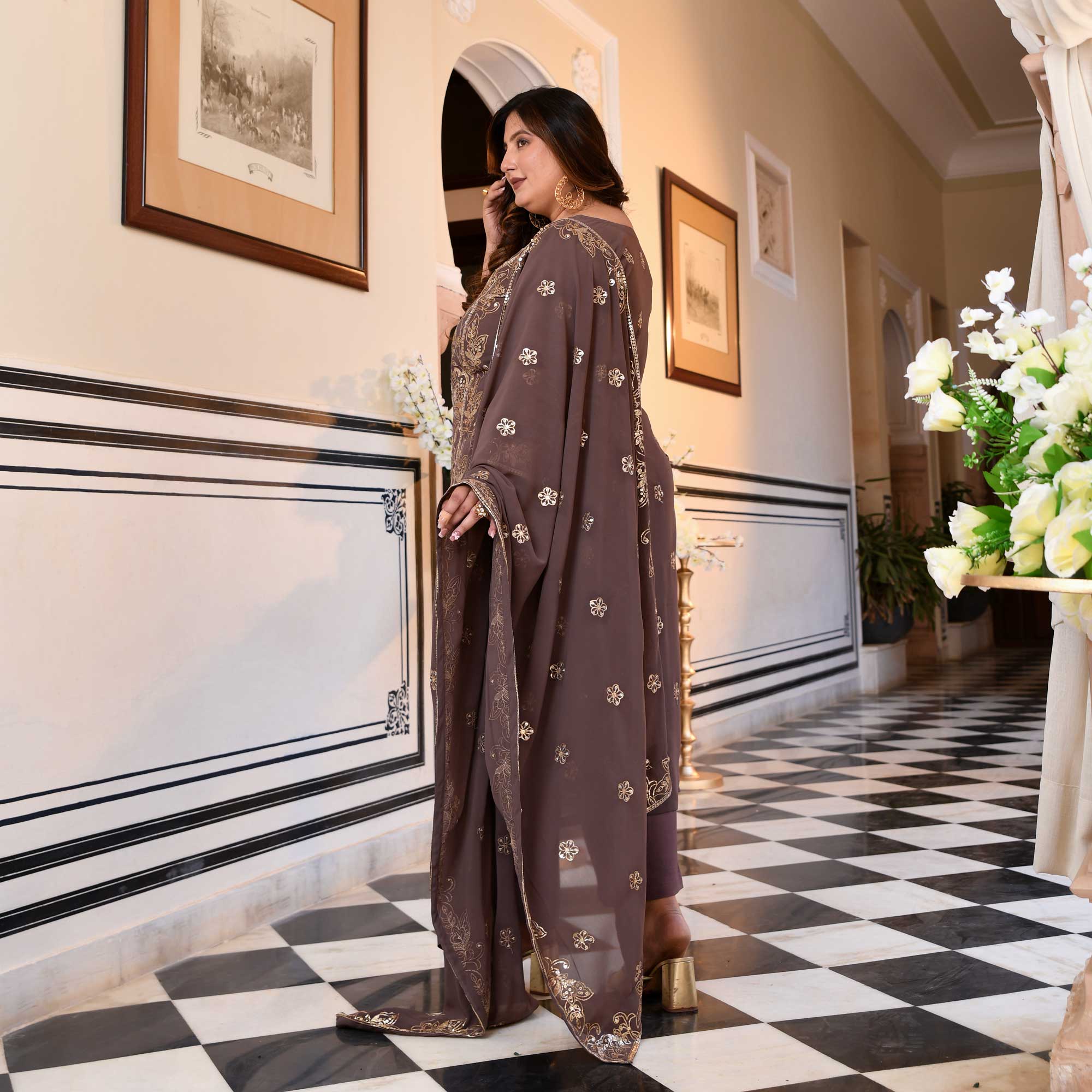 Ishani - Dusky Mauve Sequin Embroidered Georgette Suit Set