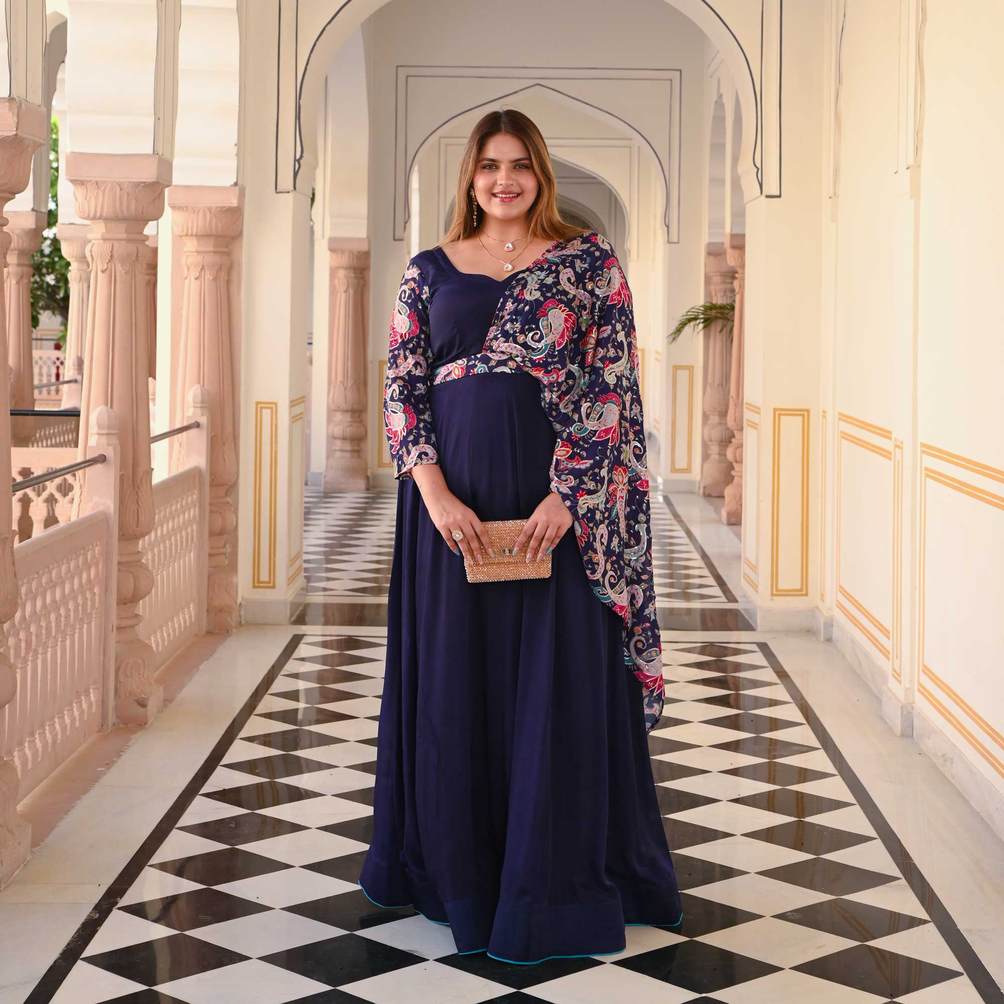 Highness Blue Position Printed Dress with Belt Drape Highness Blue Position Printed Dress with Belt Drape