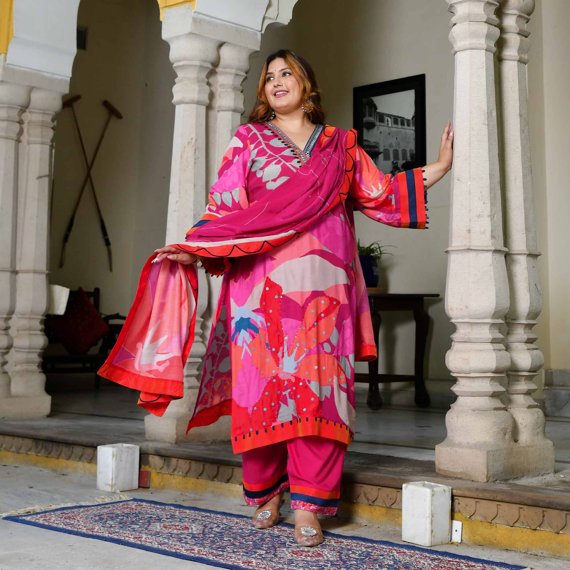 Amaranth-Red & Rani Pink Hand Embroidered Floral Print Suit Set
