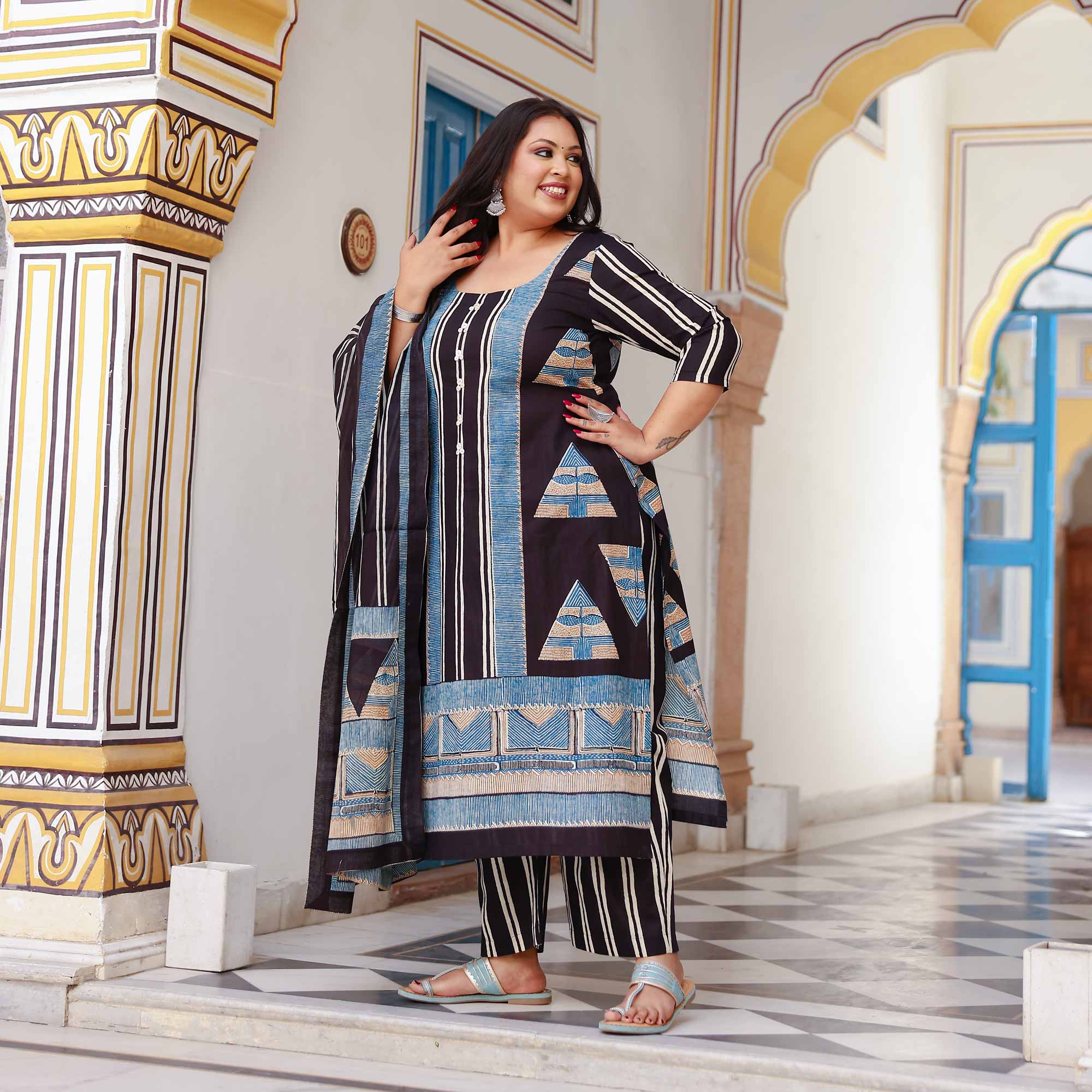 Black Ink & Azure Triangle Ajrakh Cotton Suit Set Black Ink & Azure Triangle Ajrakh Cotton Suit Set