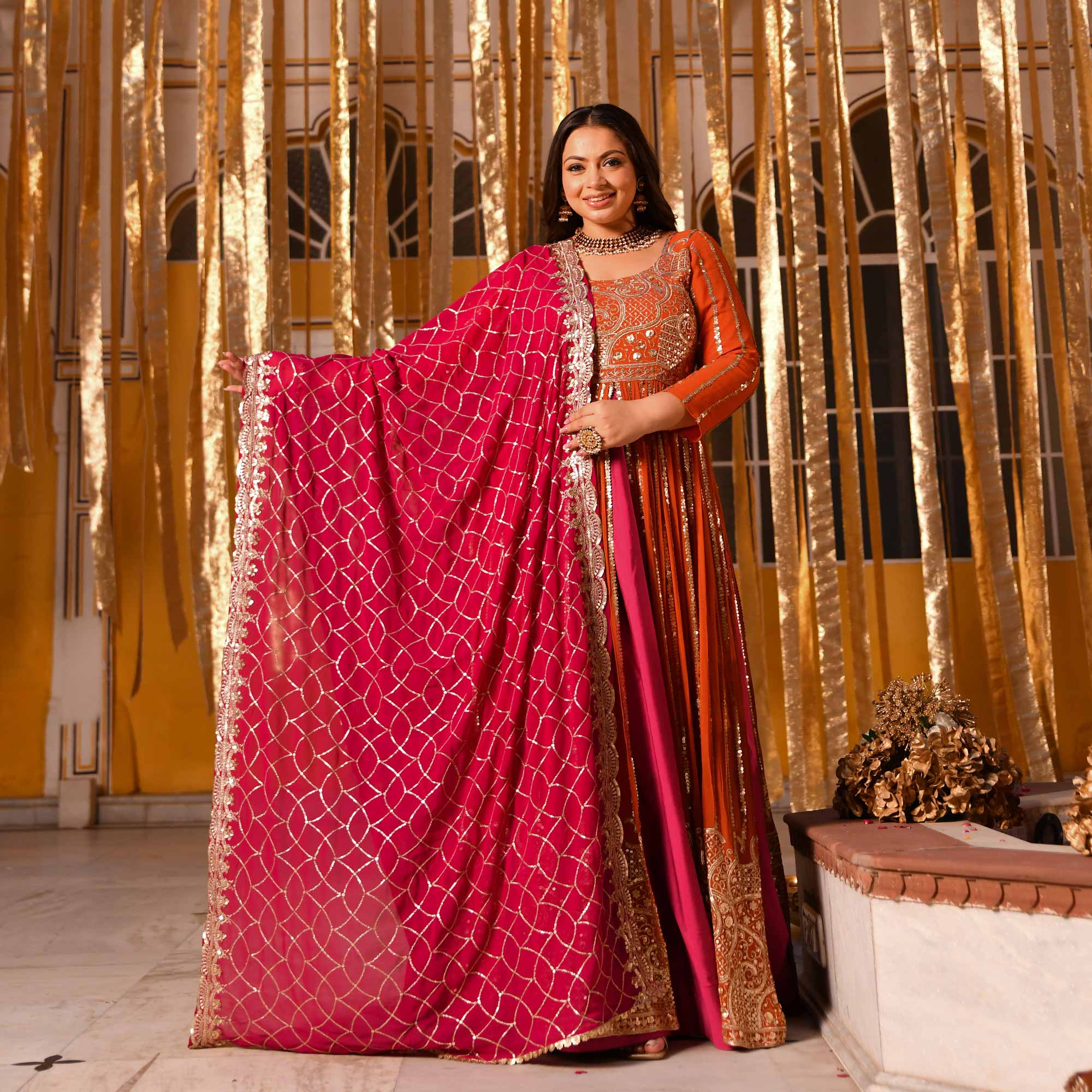 Rosette Royale - Rust Orange & Deep Pink Sequin Embroidered Pure georgette Anarkali Skirt Set Rosette Royale - Rust Orange & Deep Pink Sequin Embroidered Pure georgette Anarkali Skirt Set