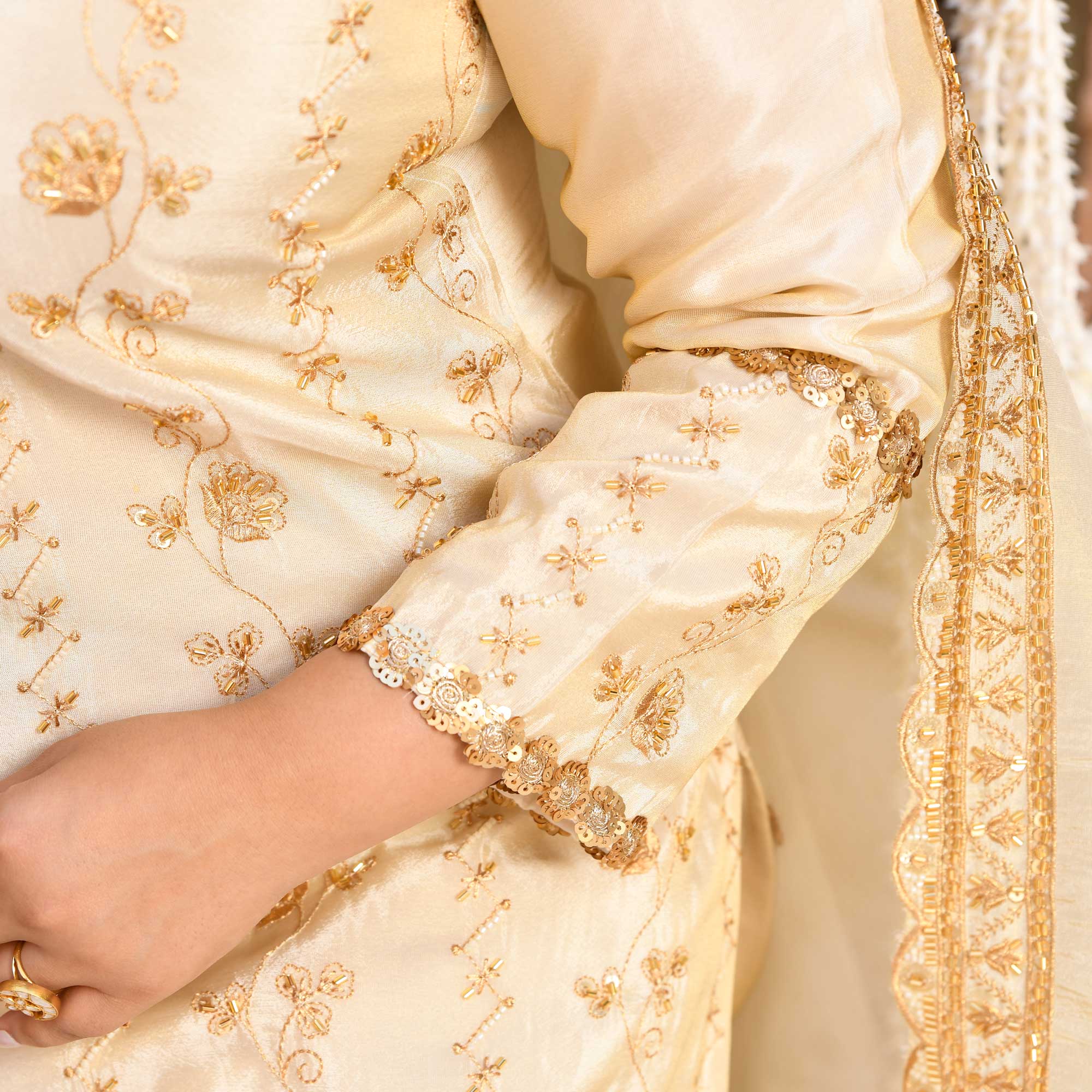 KALKI - Ivory & Gold Cutdana Embroidered Pure Tissue Silk Suit Set KALKI - Ivory & Gold Cutdana Embroidered Pure Tissue Silk Suit Set