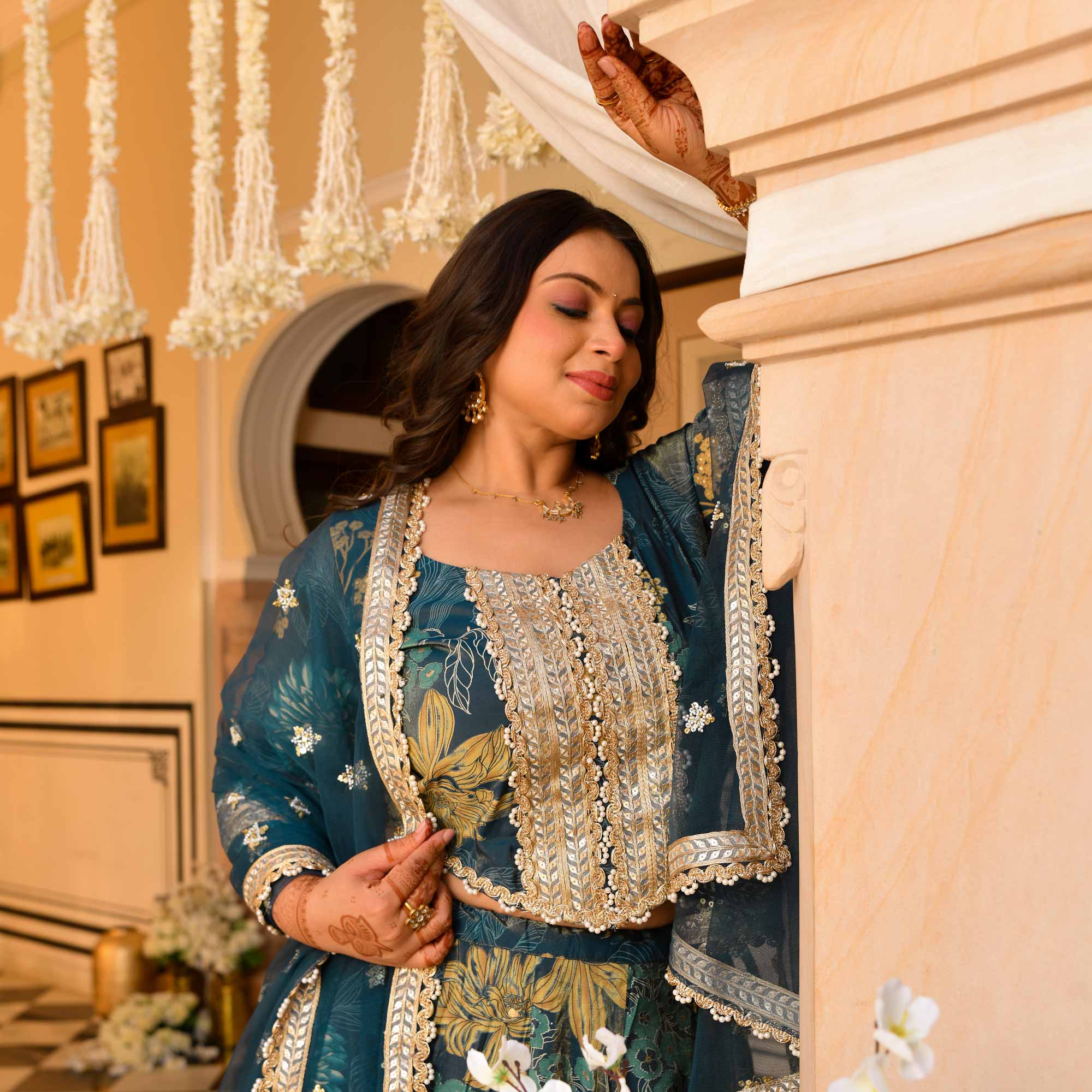 Lavish Lagoon Floral Tissue Silk Embroidered Lehenga Set Lavish Lagoon Floral Tissue Silk Embroidered Lehenga Set