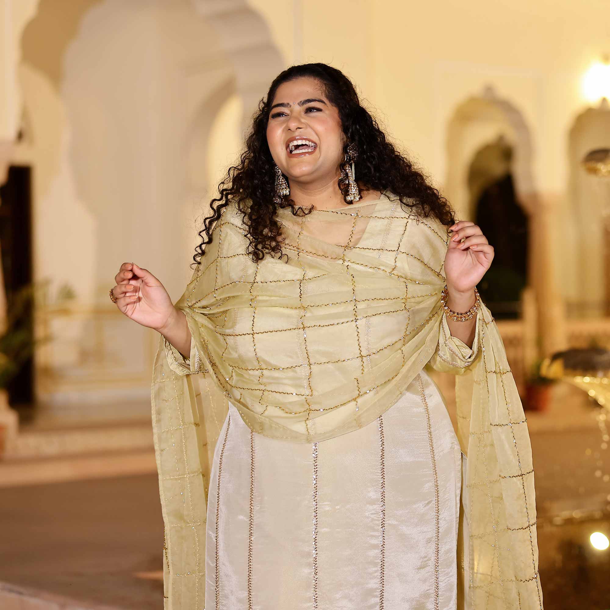 MOHANA Off-White & Gold Cutdana Embroidered Pure Tissue Silk Kurta