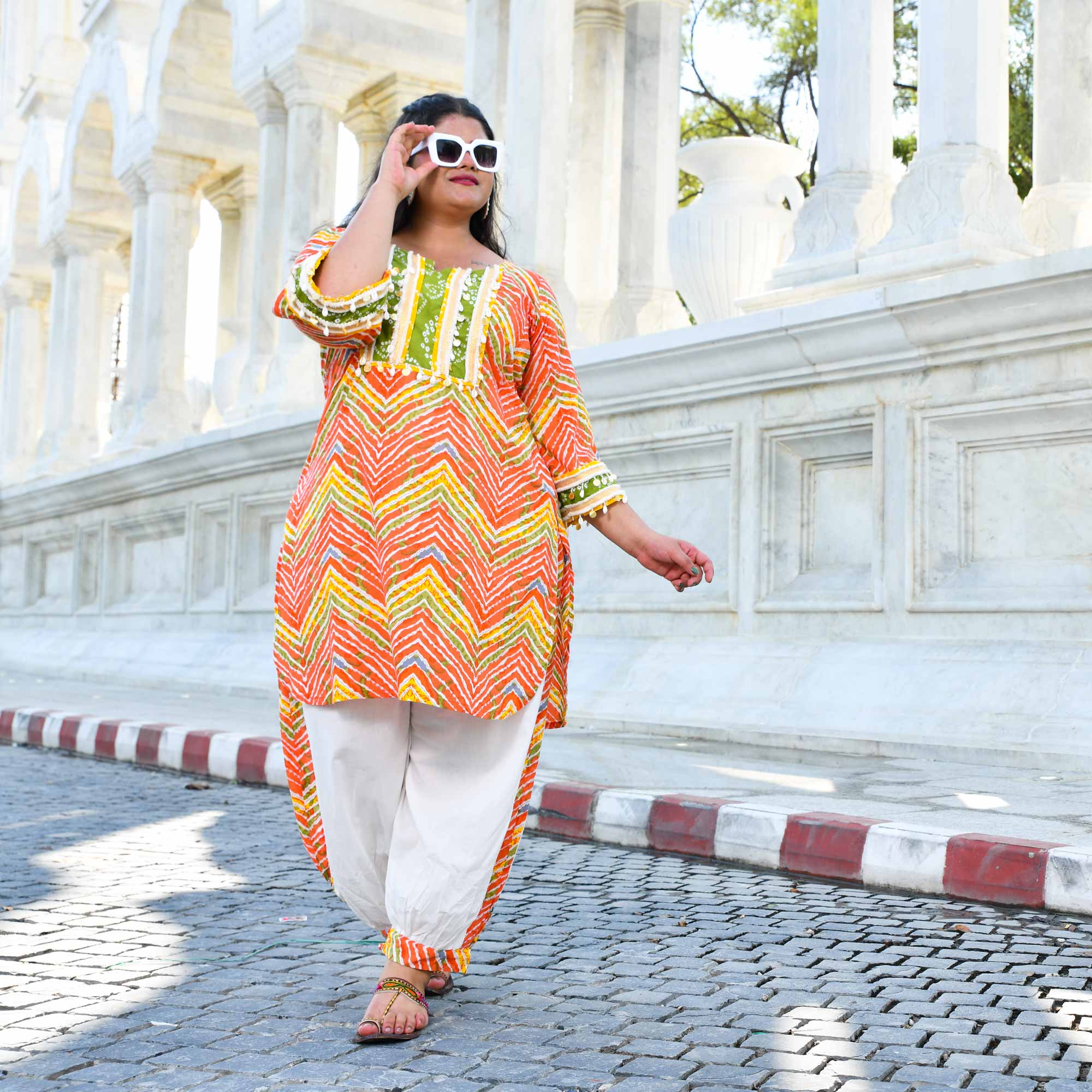 Tangy Splash - Orange Leheriya Cotton Bohemian Set