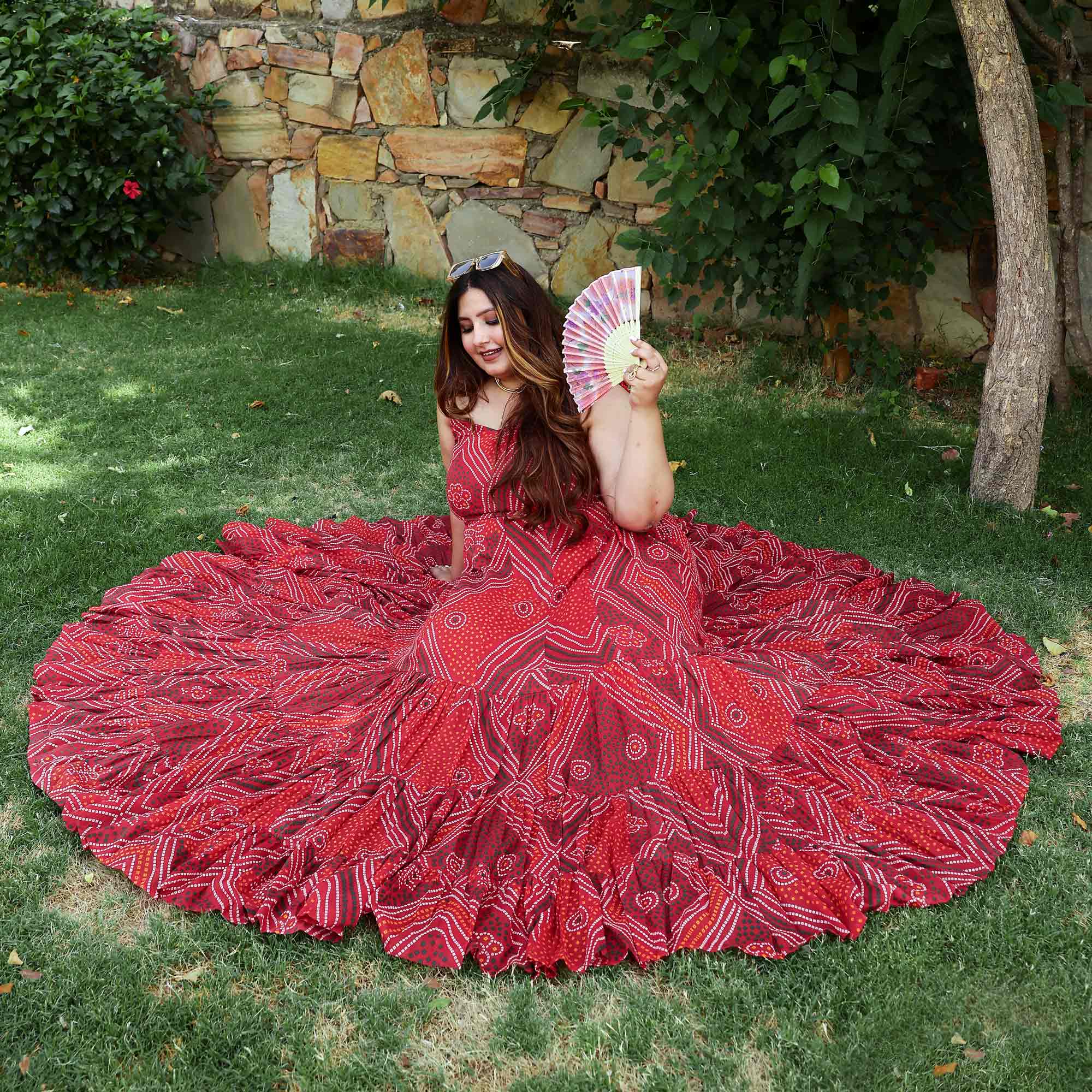 Scarlet Swirl Bandhani Tiered Dress