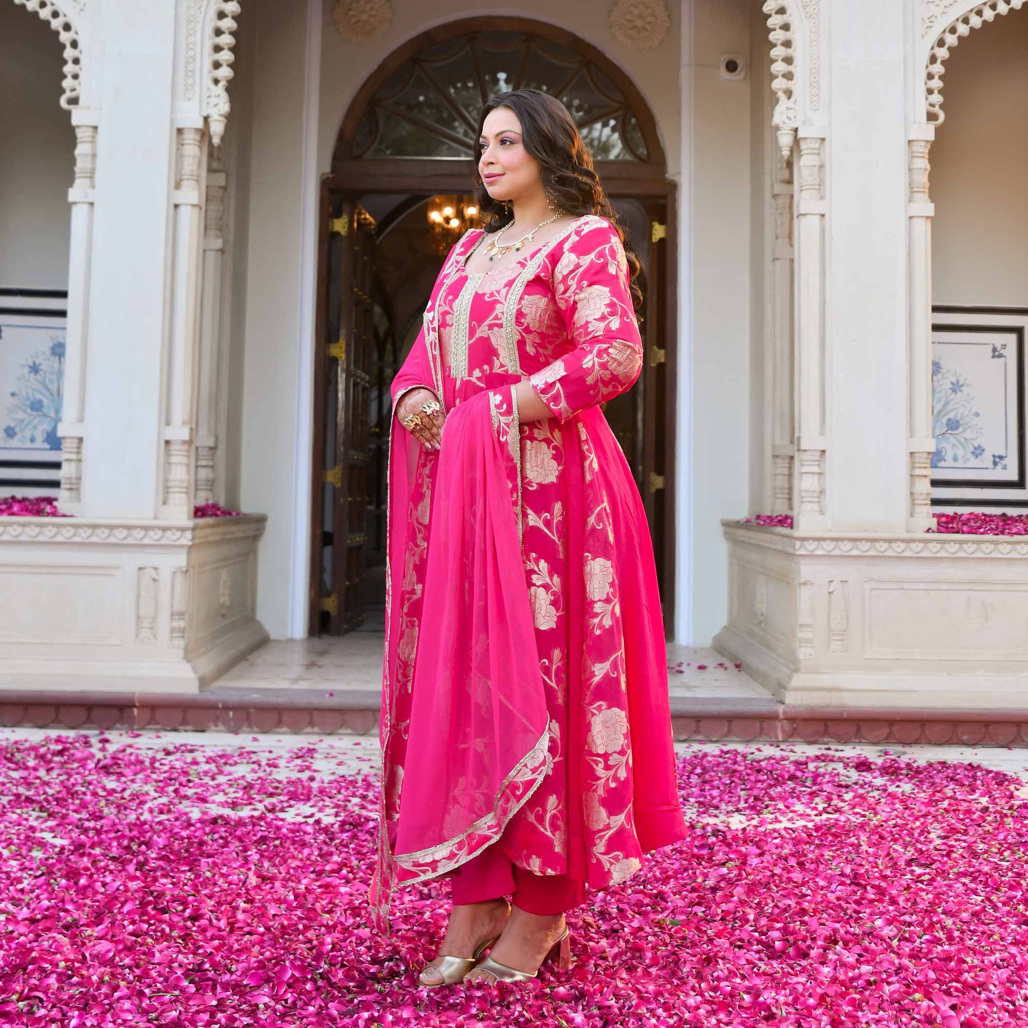 Pankhuri - Deep Pink Banarasi Pure Georgette Anarkali Set Pankhuri - Deep Pink Banarasi Pure Georgette Anarkali Set