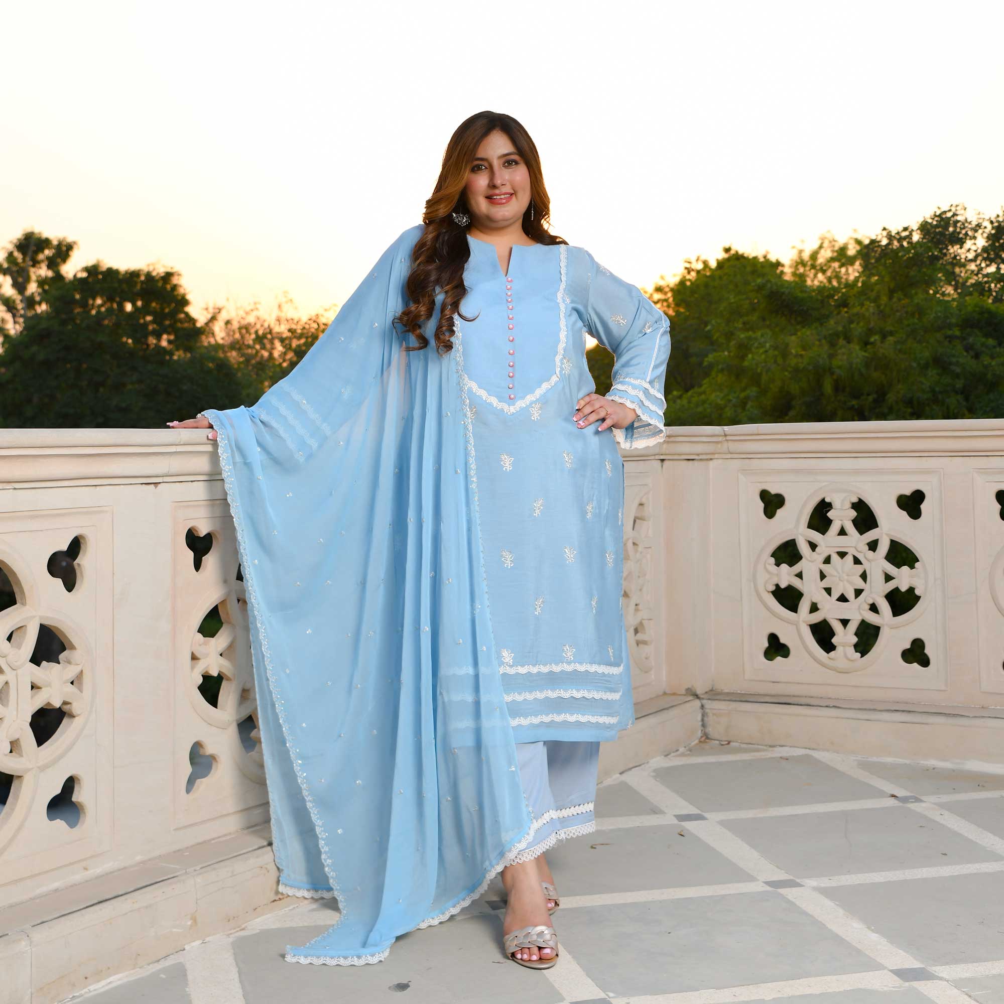 Casper Blue Thread Embroidered Muslin Suit Set Casper Blue Thread Embroidered Muslin Suit Set