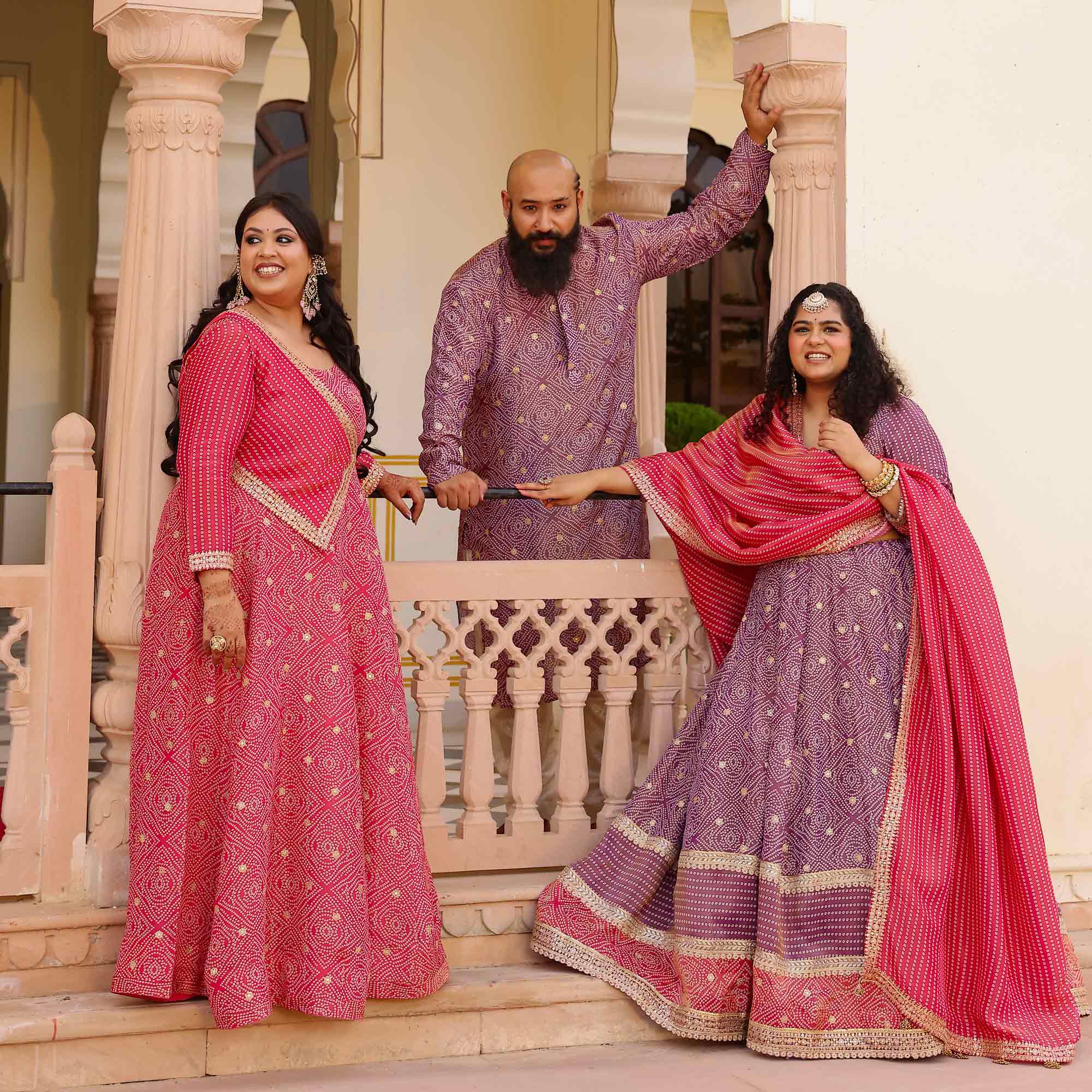 Blushing Hibiscus Bandhani Pure Tissue Silk Anarkali With Asymmetrical Cape