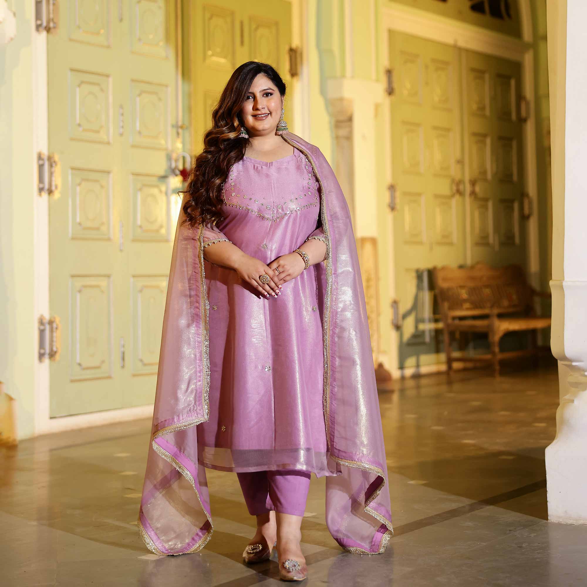 Lavender Glitz Tissue Gota Patti Handwork Suit Set