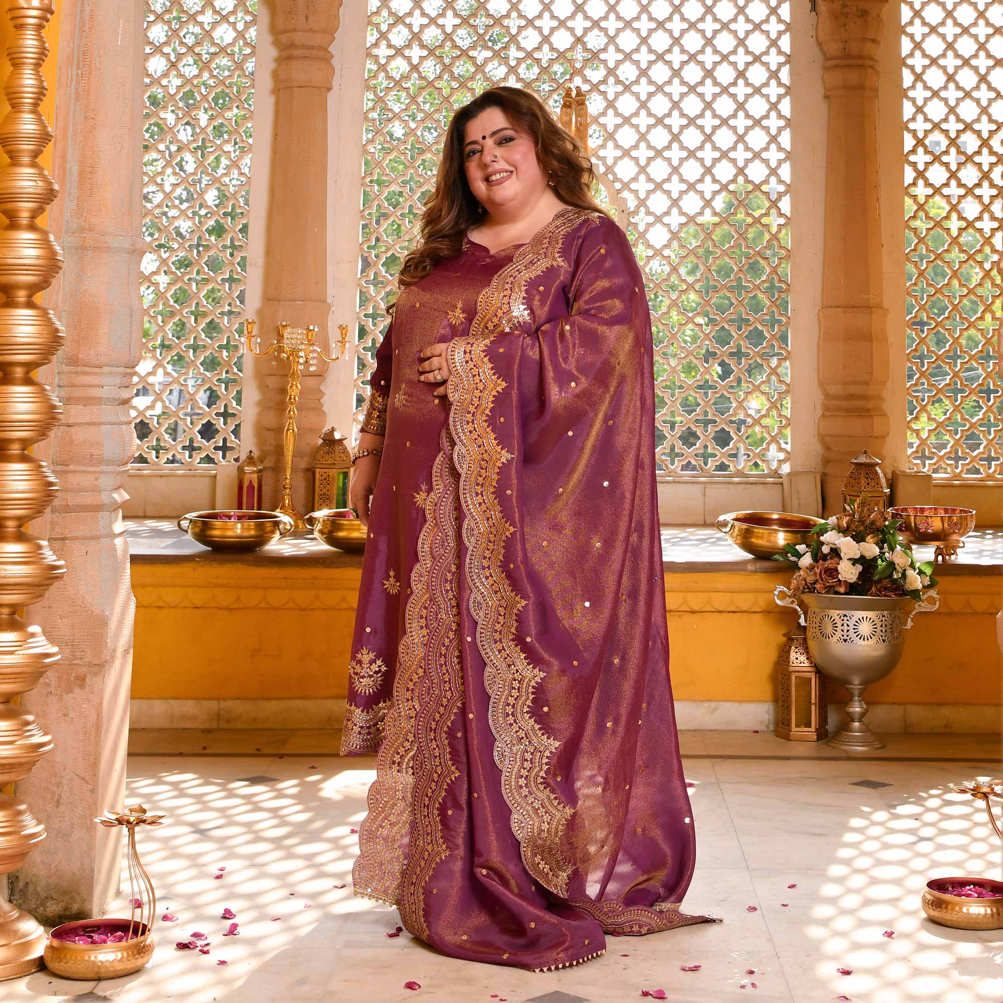 Berry Divine-Purple Pure Tissue Silk Embroidered Suit Set