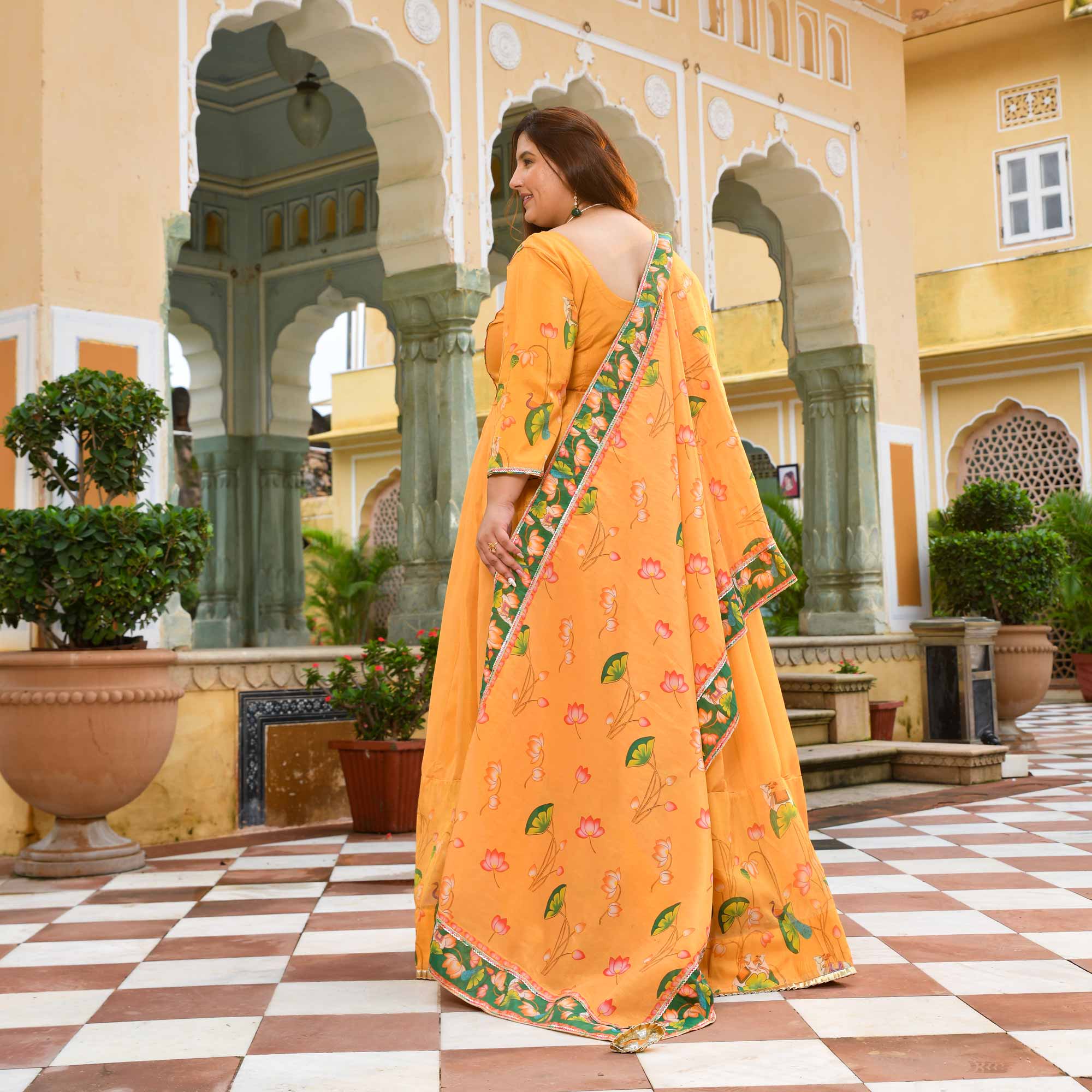 Zafrani-Mustard Yellow Tissue Silk Pichwai Printed Anarkali Set Zafrani-Mustard Yellow Tissue Silk Pichwai Printed Anarkali Set