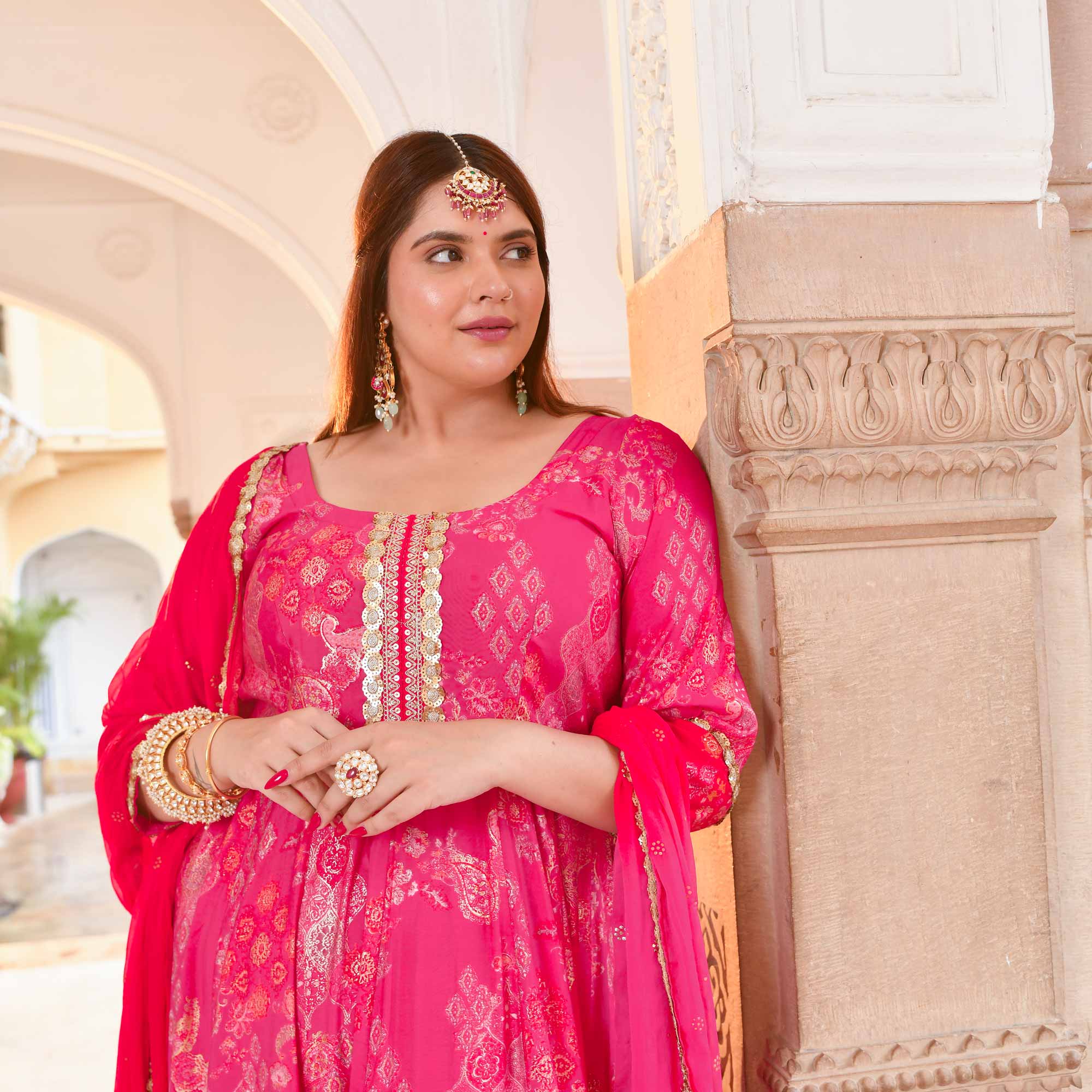 Empress in Pink Rayon Gold Printed Anarkali Set