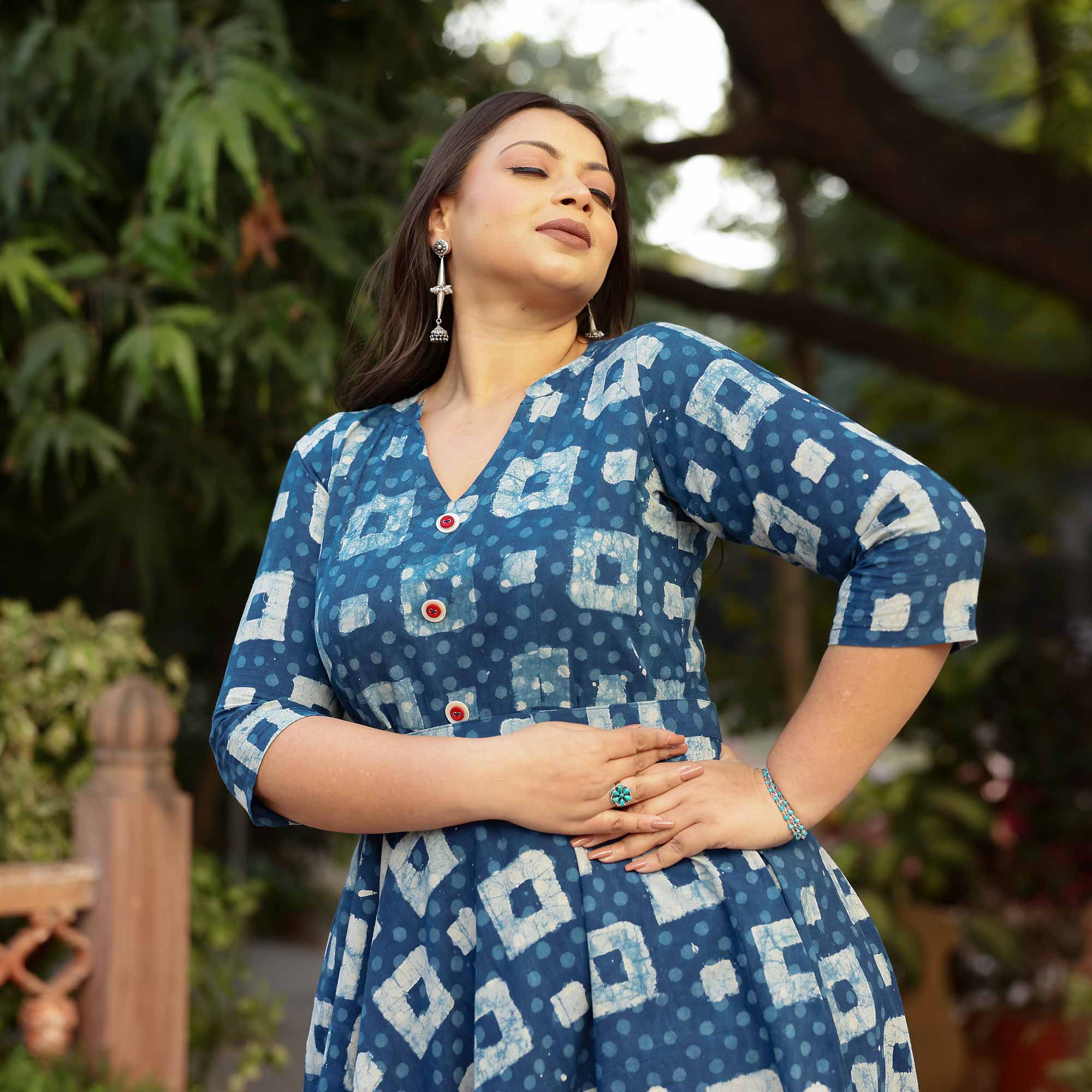 Indigo Illusion Handblock Printed Aline Cotton Dress