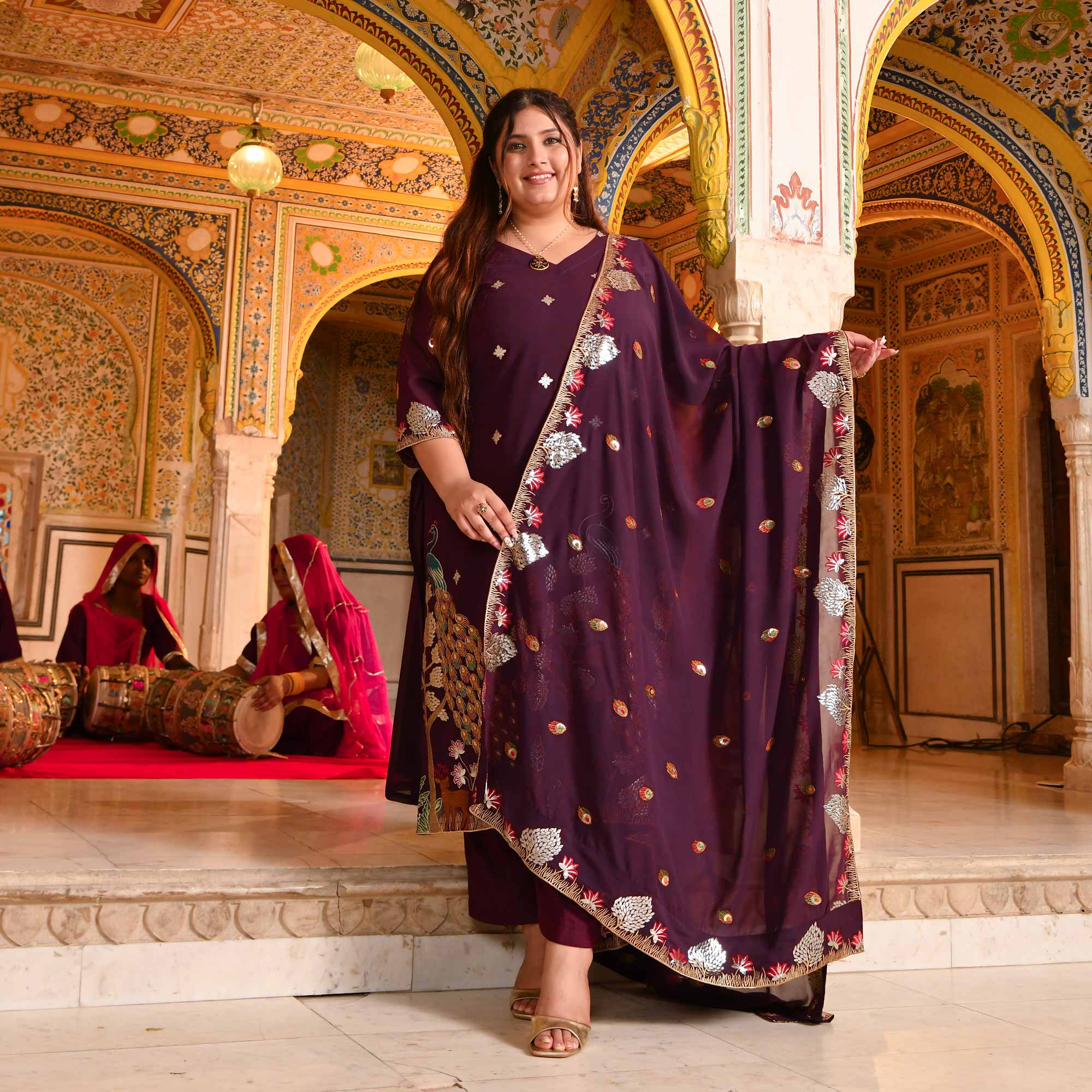 Gulnaar- Wine Embroidered Georgette Suit Set