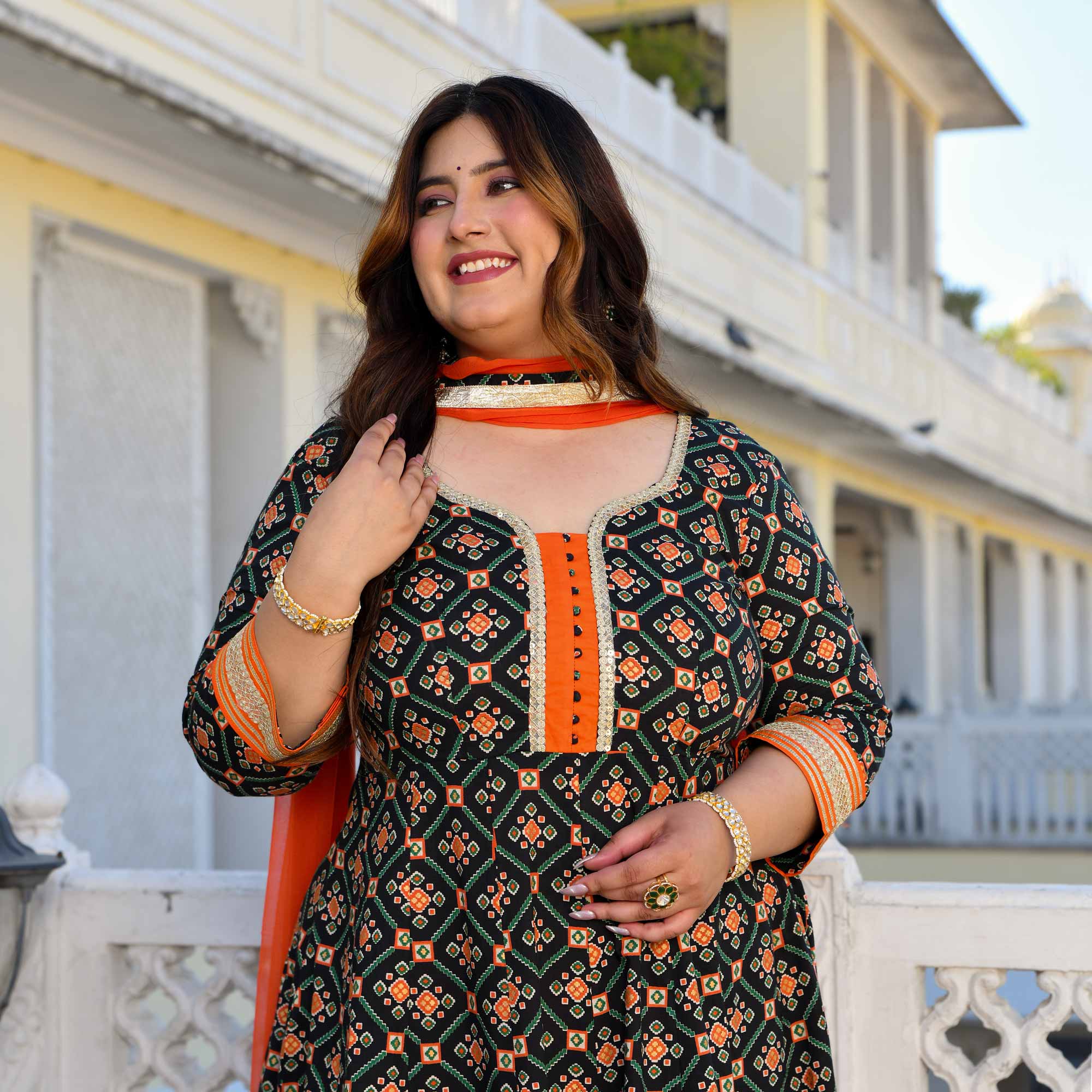 Madhuban- Patola Black with Orange Anarkali Madhuban- Patola Black with Orange Anarkali