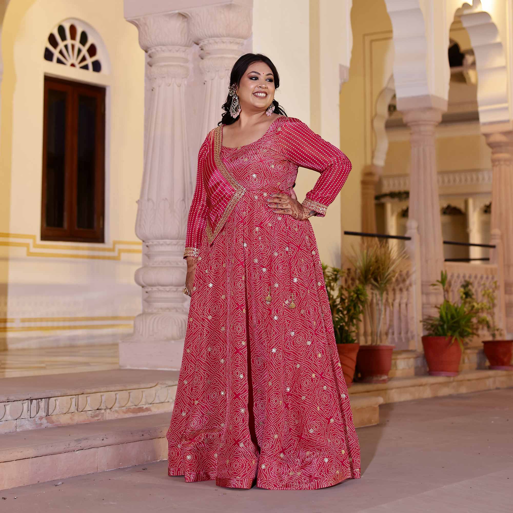 Blushing Hibiscus Bandhani Pure Tissue Silk Anarkali With Asymmetrical Cape