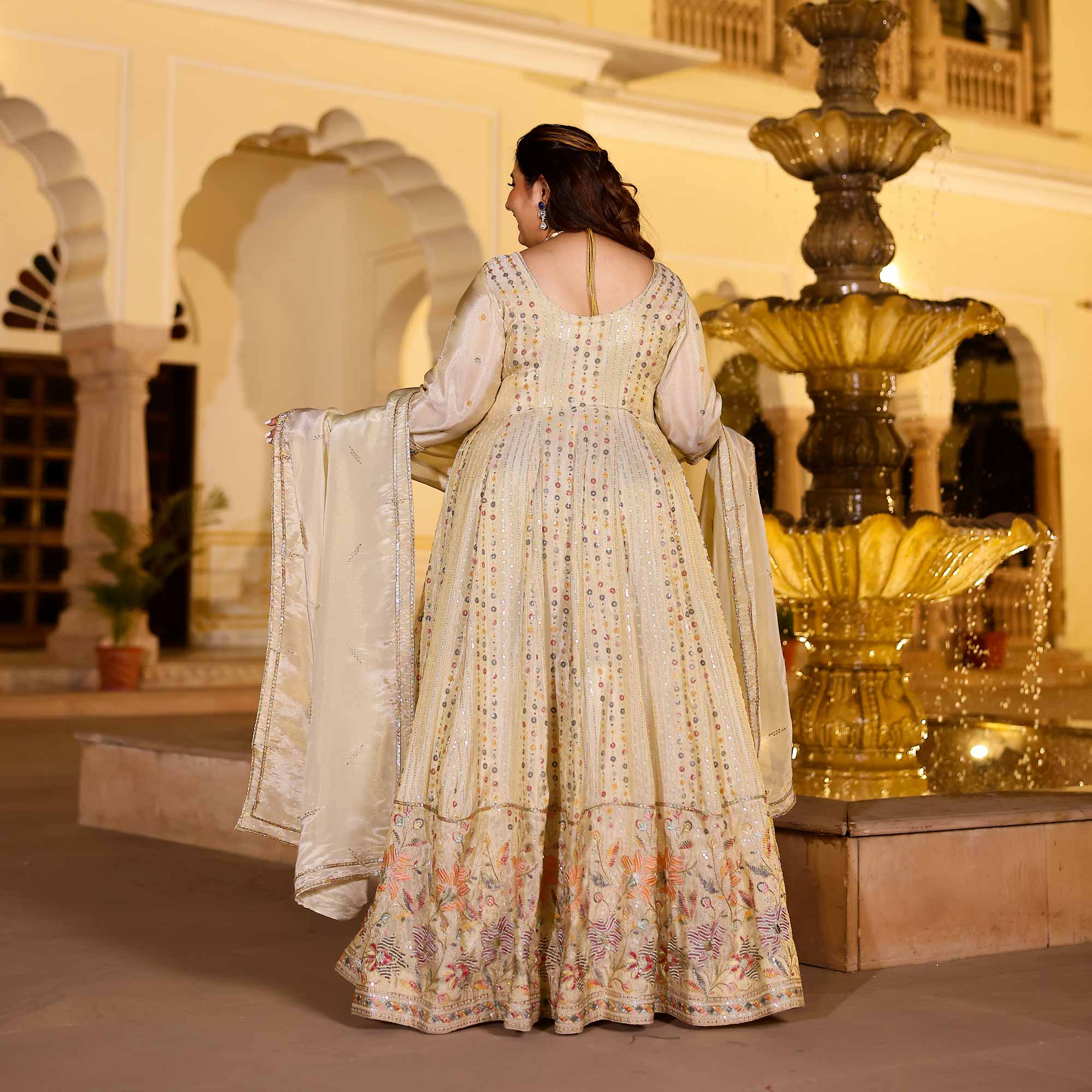 RAGINI Off-White & Gold Sequin Embroidered Pure Tissue Silk Anarkali Set RAGINI Off-White & Gold Sequin Embroidered Pure Tissue Silk Anarkali Set
