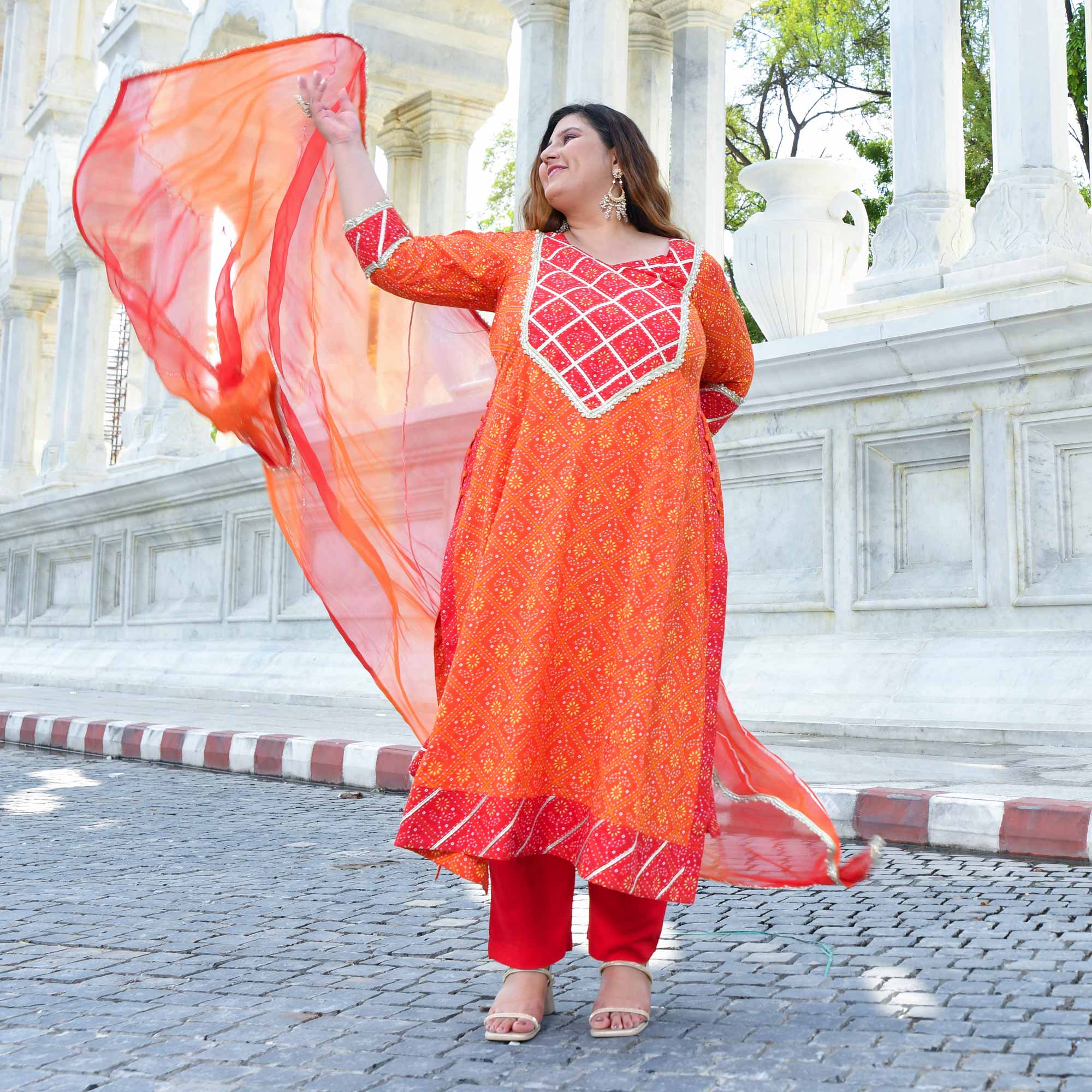 Rangrez - Red & Orange Bandhani Gota Cotton Aline Kurta