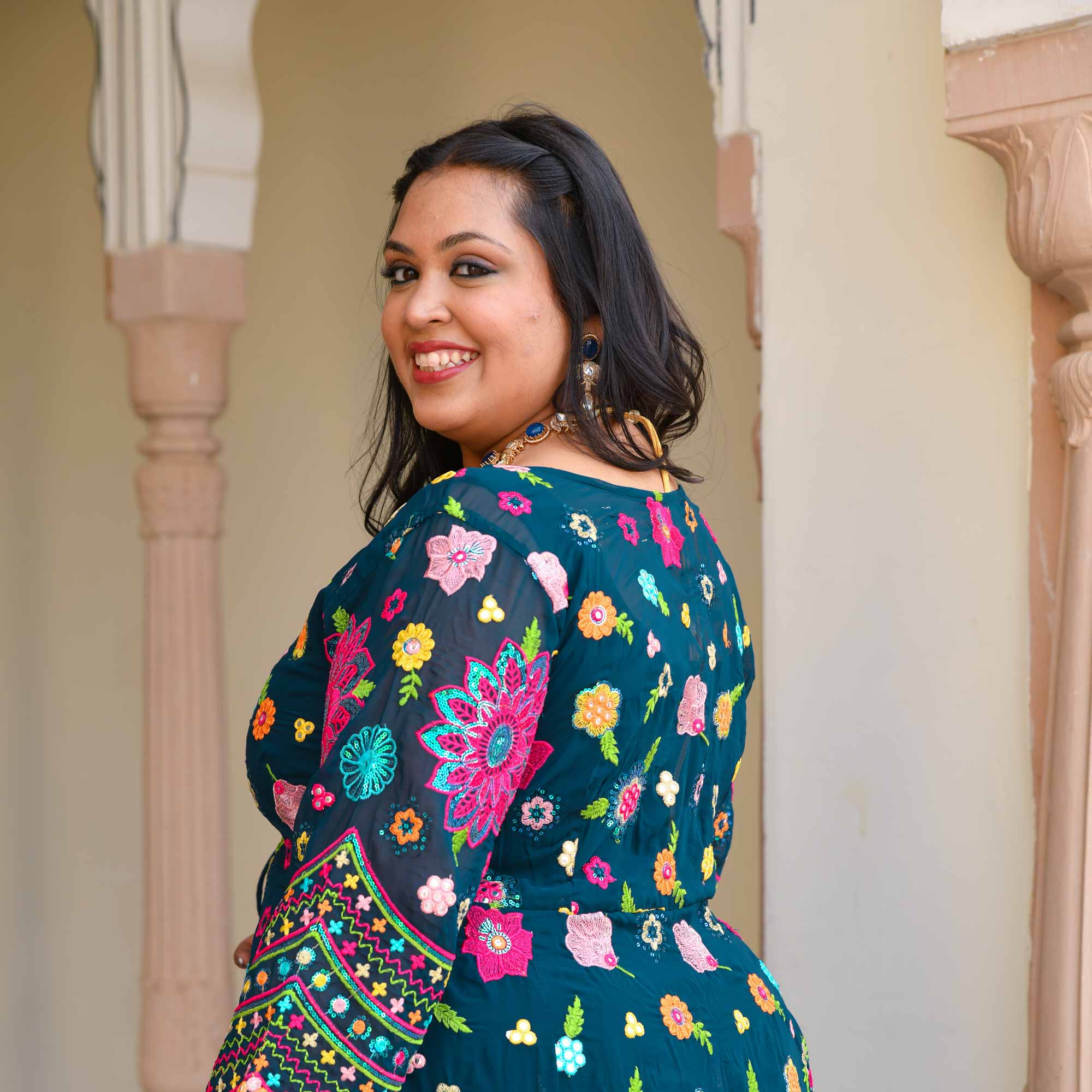 Prussian Blue Floral Embroidered Georgette Cape Set