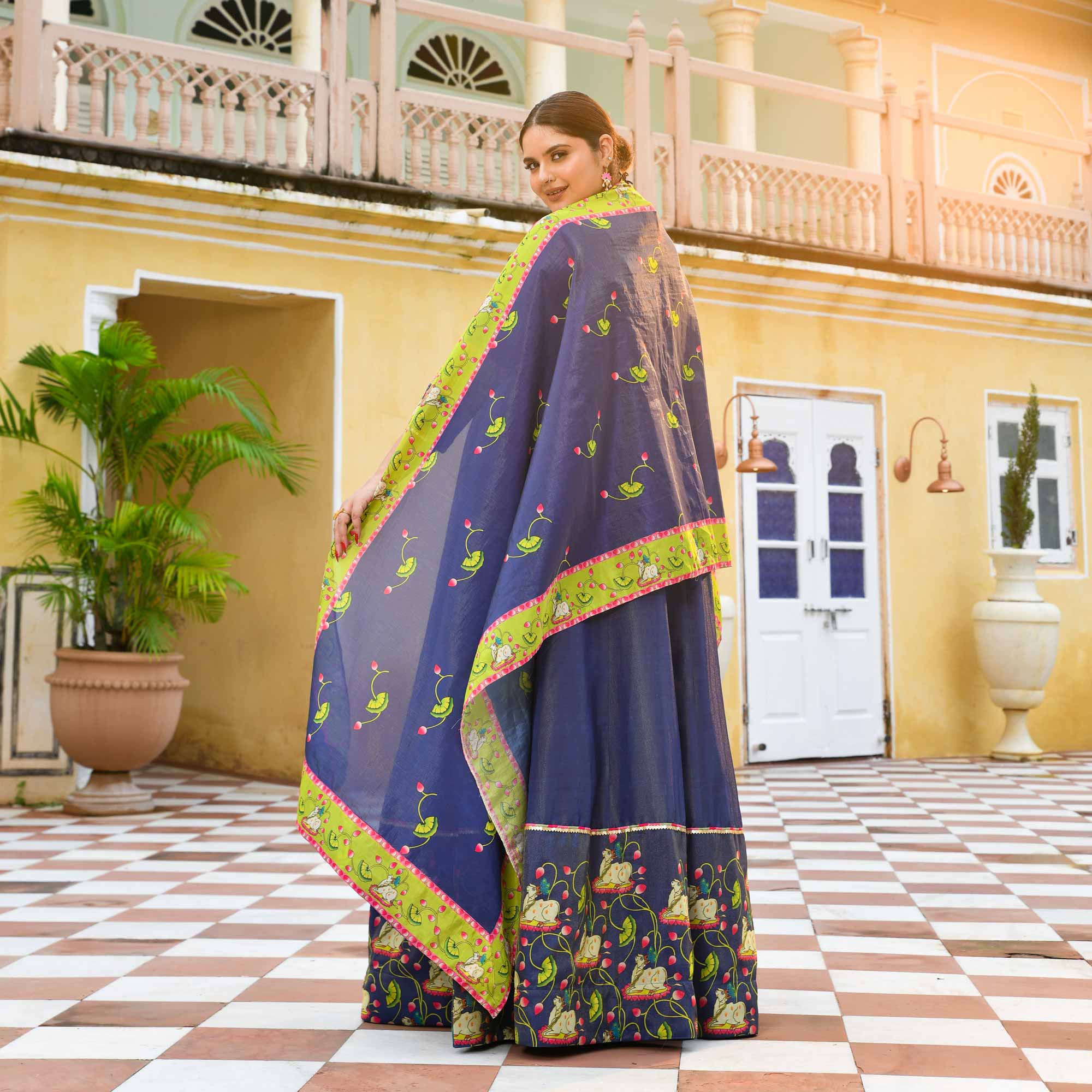 Neel Aabha- Blue Tissue Silk Pichwai Printed Anarkali Set Neel Aabha- Blue Tissue Silk Pichwai Printed Anarkali Set